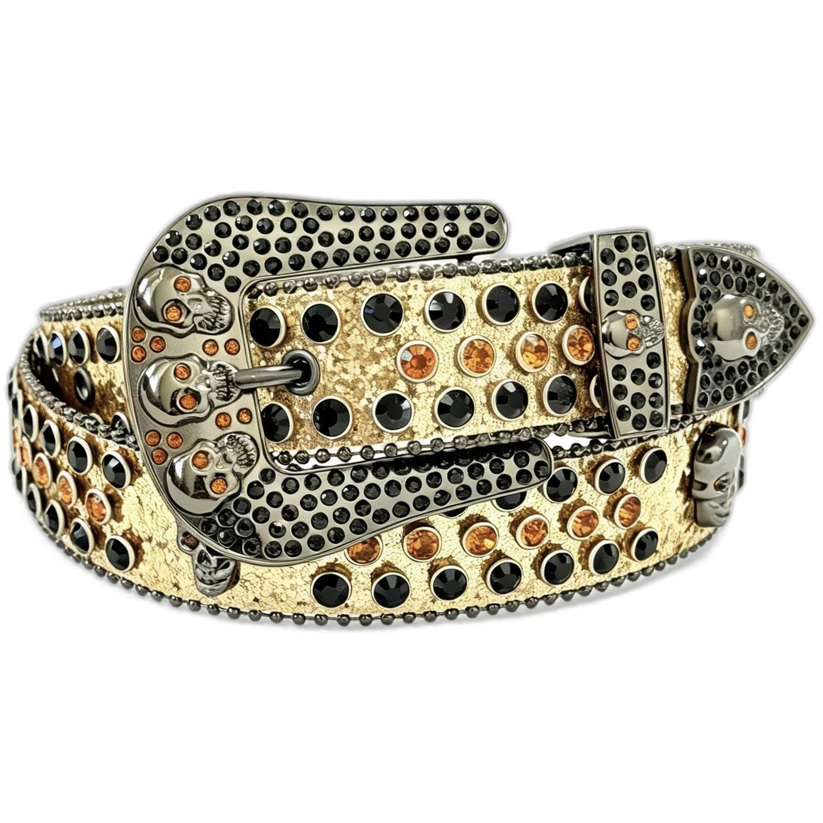 AGUTALITHIC Rhinestones Studded Belt Sparkly Sequin Shine Engraved Skull Head Western Leather Strap with Crystal Prong Buckle(105cm/41, Gold)