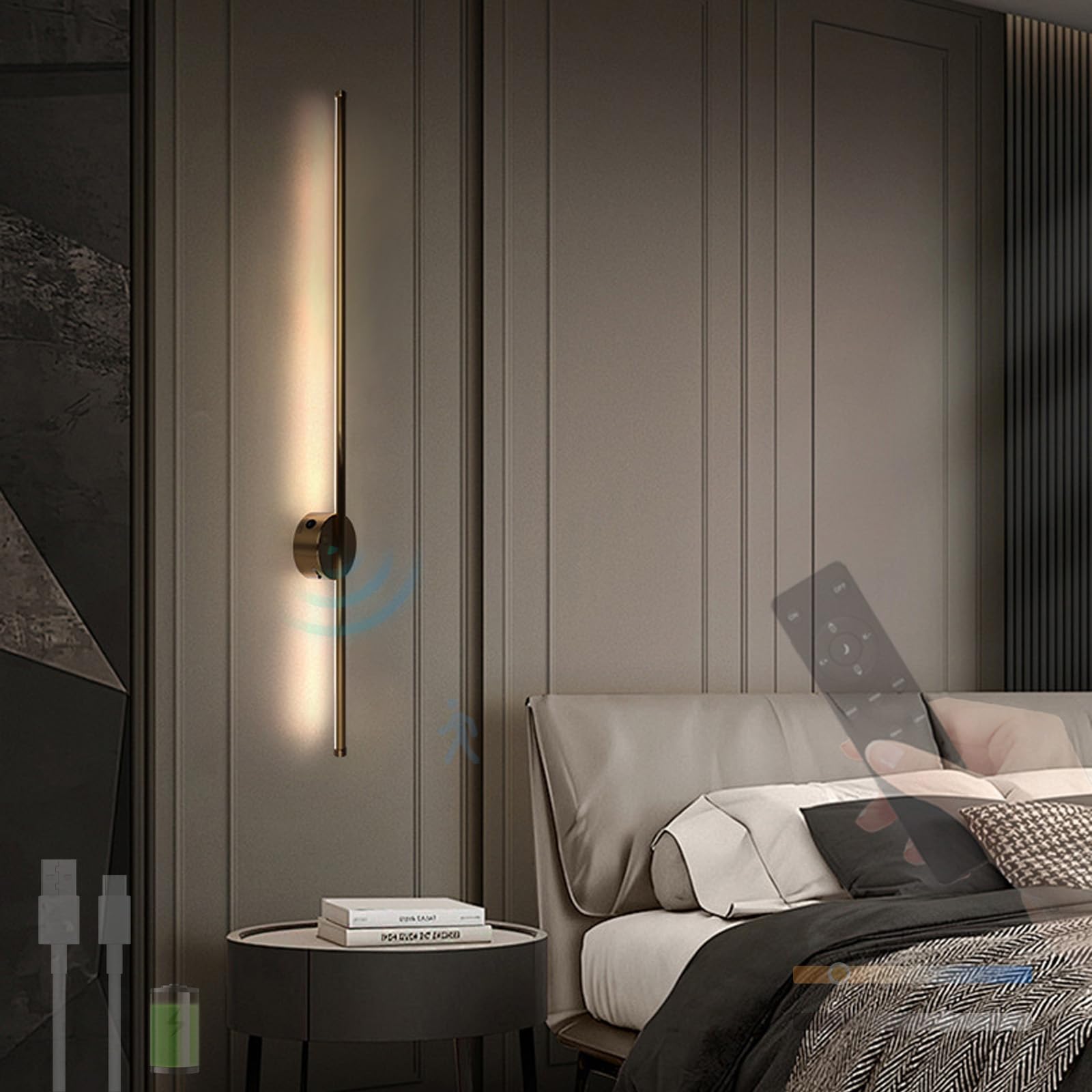 LED Apliques de Pared con Sensor de Movimiento Lámpara de Pared Regulable con Mando Distancia 2700K-6500K Iluminación de Pared USB Recargable para Dormitorios Pasillos Escalera (Color Cobre,100cm)