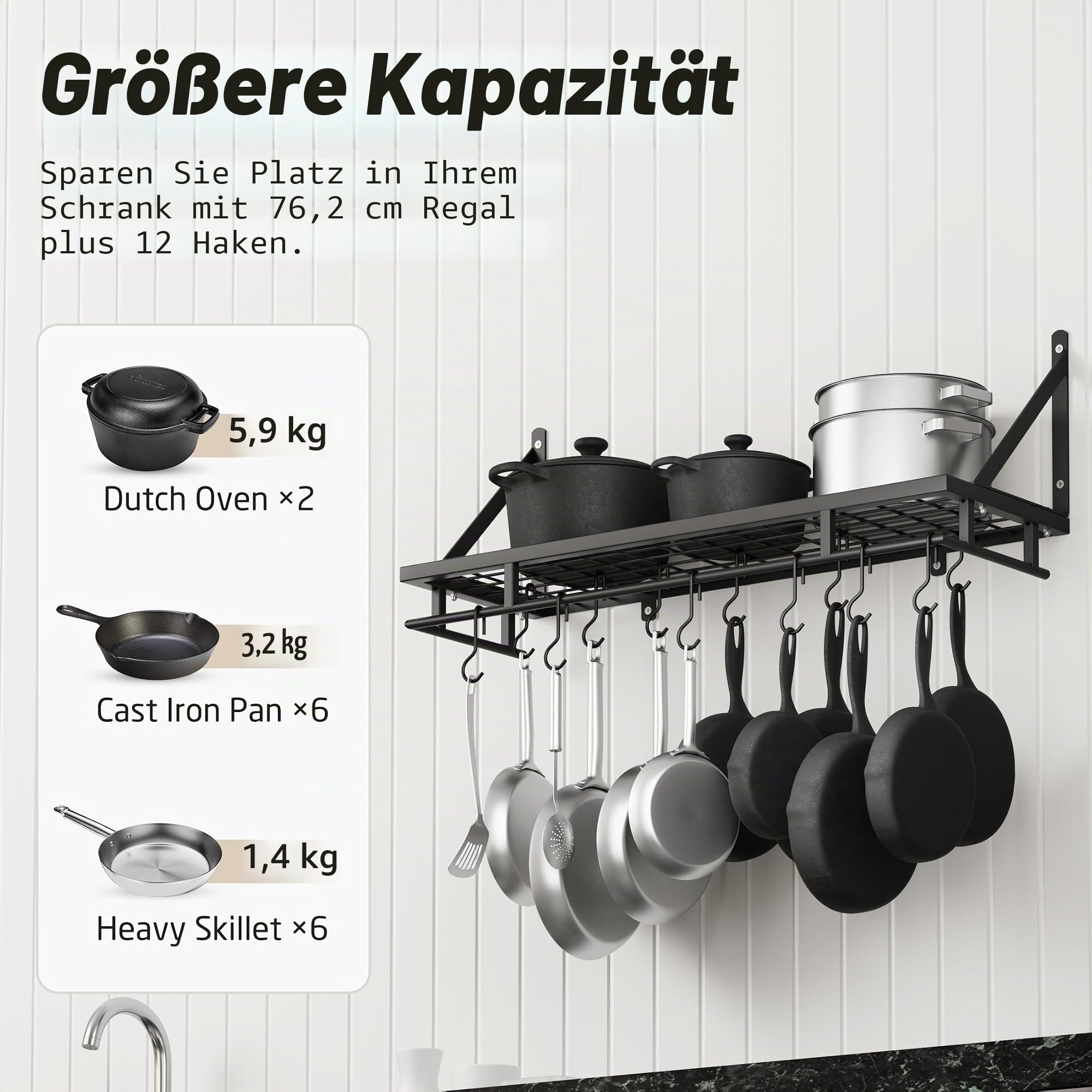 KES Küchenutensilienhalter Pfannenhalter Küchenregal Küche mit 12 Haken Hängeregal Gewürz Pfanne Regal Wandregal Küchenleiste 75CM Wandmontage Matt Schwarz, KUR215S75A-BK