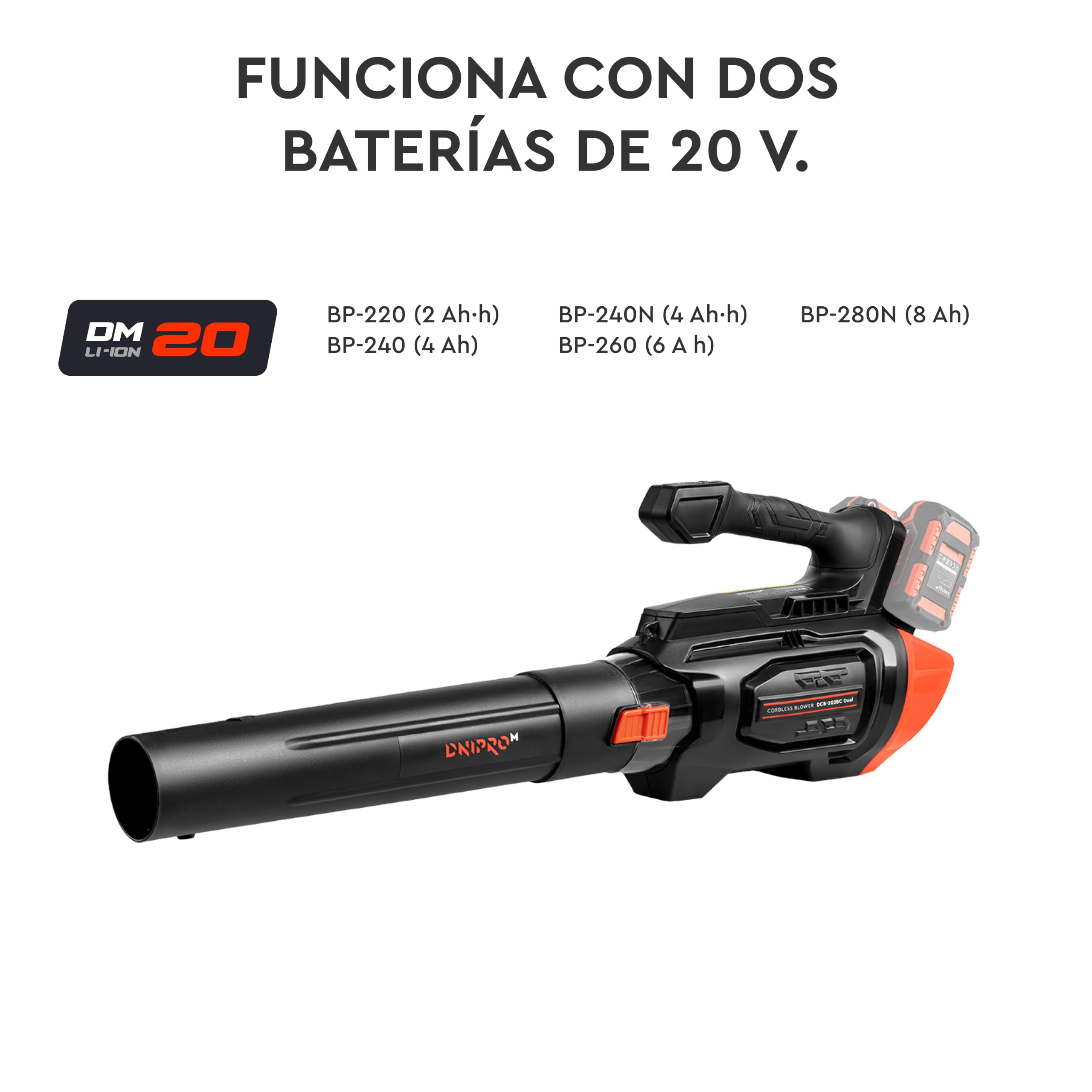 Soplador de Hojas Inalámbrico DCB-202BC Dual - Limpieza Potente Kit con 2 Baterías 2 Ah y Cargador, Motor Brushless, 1020 m³/h, 240 km/h, 4 Velocidades + Turbo - Jardín, Patio y Garaje - por Dnipro-M
