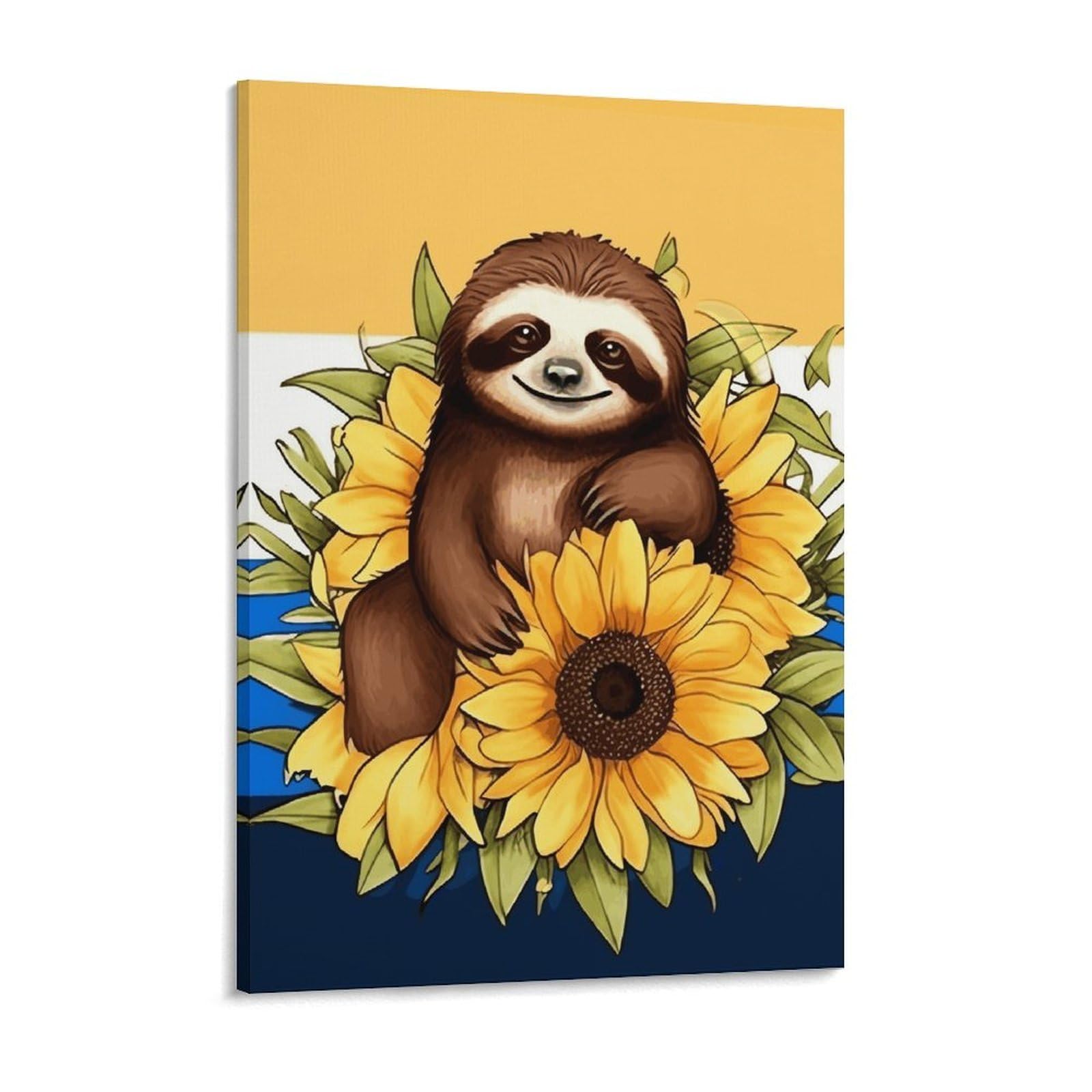 NTVOWPZO Cartoon Sloth Sitting on Sunflower Canvas Wall Art for Bedroom 12x16inch Canvas Prints Artwork for Walls Modern Picture Artwork Painting for Living Room Aesthetic Wall Paintings for Bathroom
