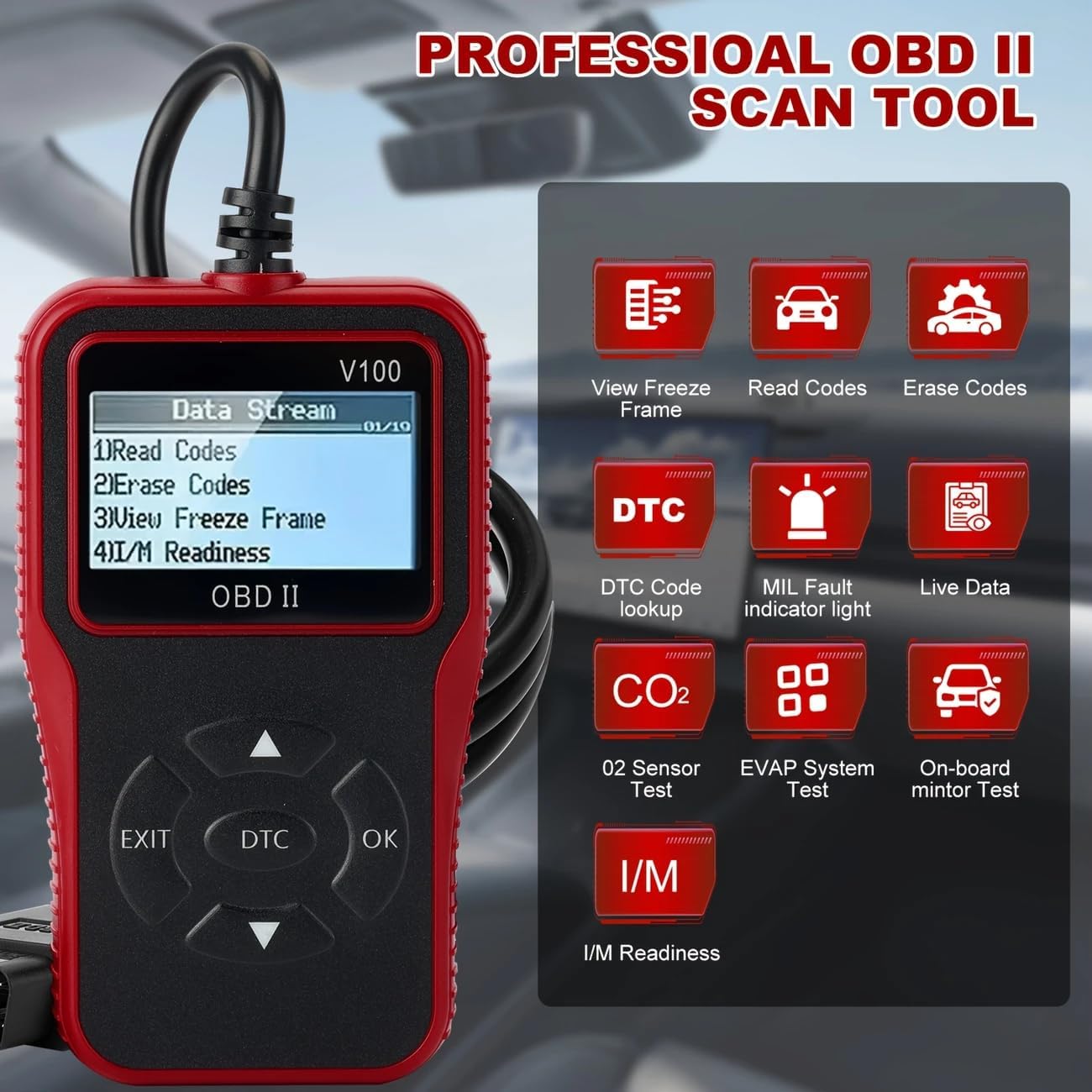 Generic V100 OBD2 Scanner with various diagnostic icons