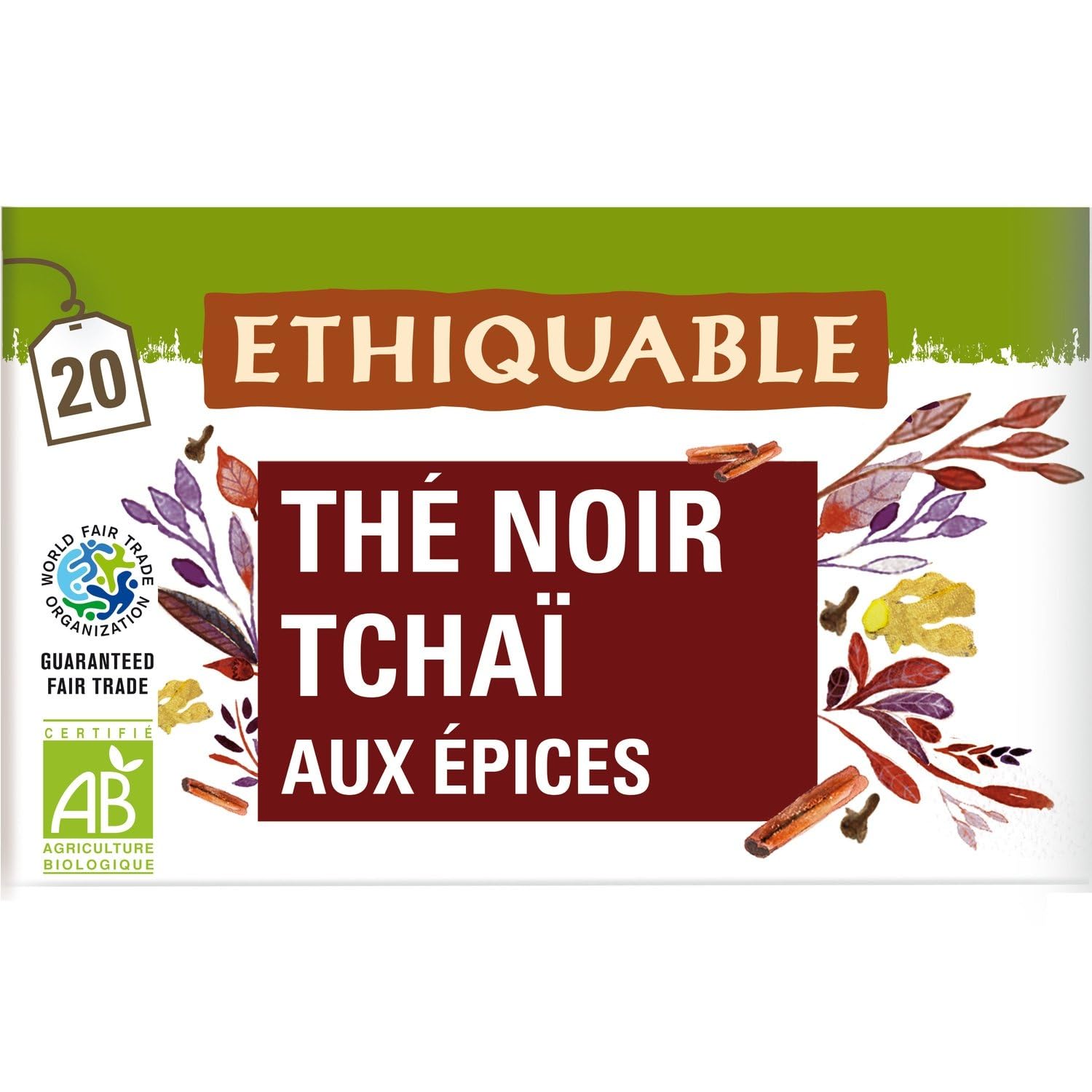 Thé Noir Tchaï Aux Epices Darjeeling Bio ETHIQUABLE - la boite de 20 sachets Lot De 4 - Par Lot
