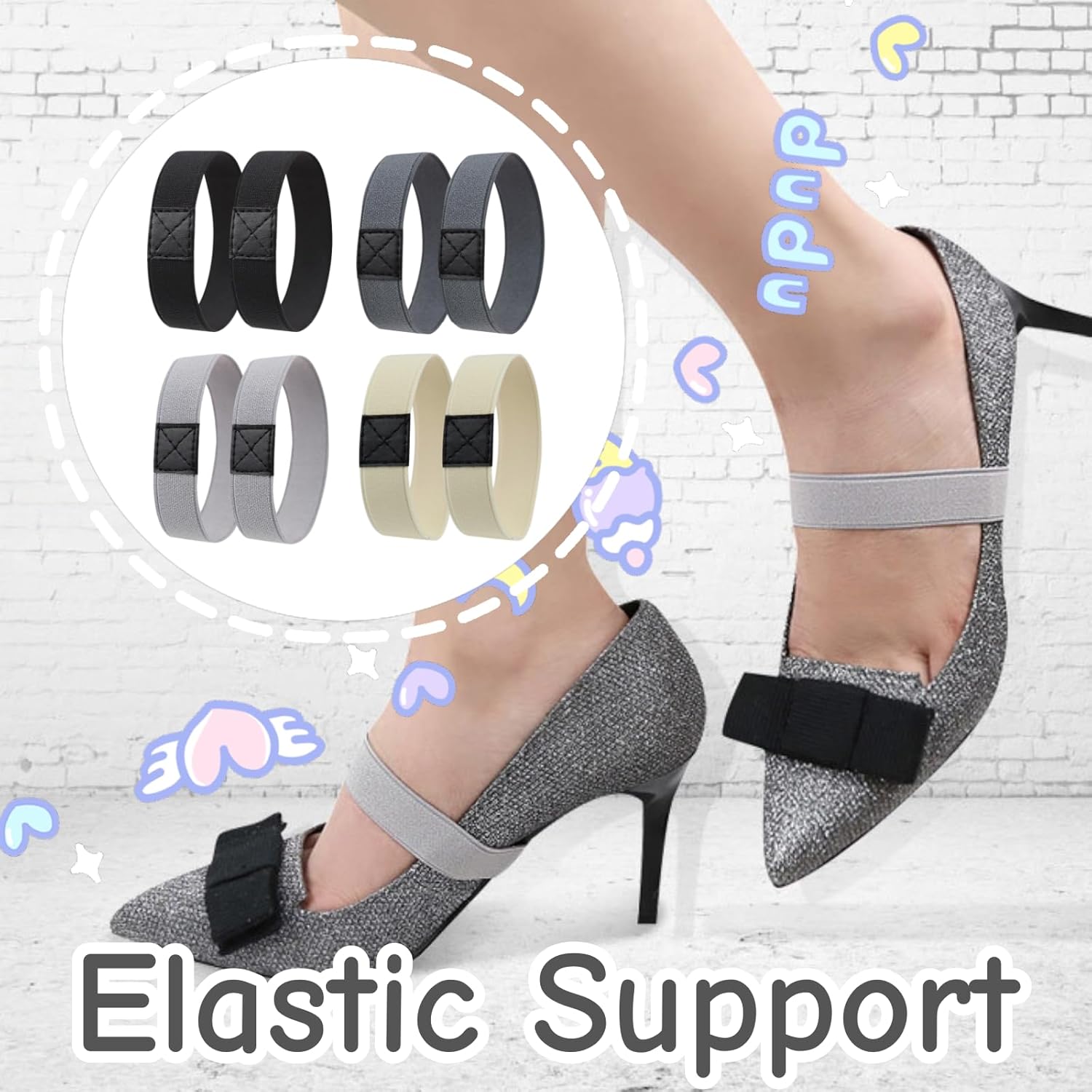 4 Pairs High Heel Shoe Strap Anti-Loose Wide Elastic Band Wide Ankle Strap Kitten Heel Buckle for Office Party Wedding Travel Shopping Daily Walking