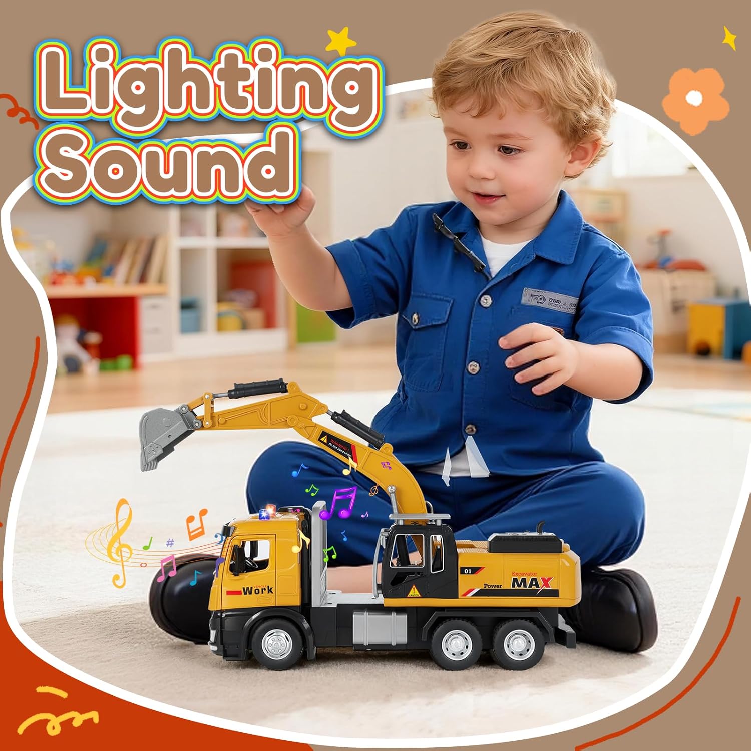 Excavator Toy with Metal Cab, Alloy Construction Vehicle with Lights & Sounds, Friction Powered Digger Toy Playset for Toddler Boys Age 3-6