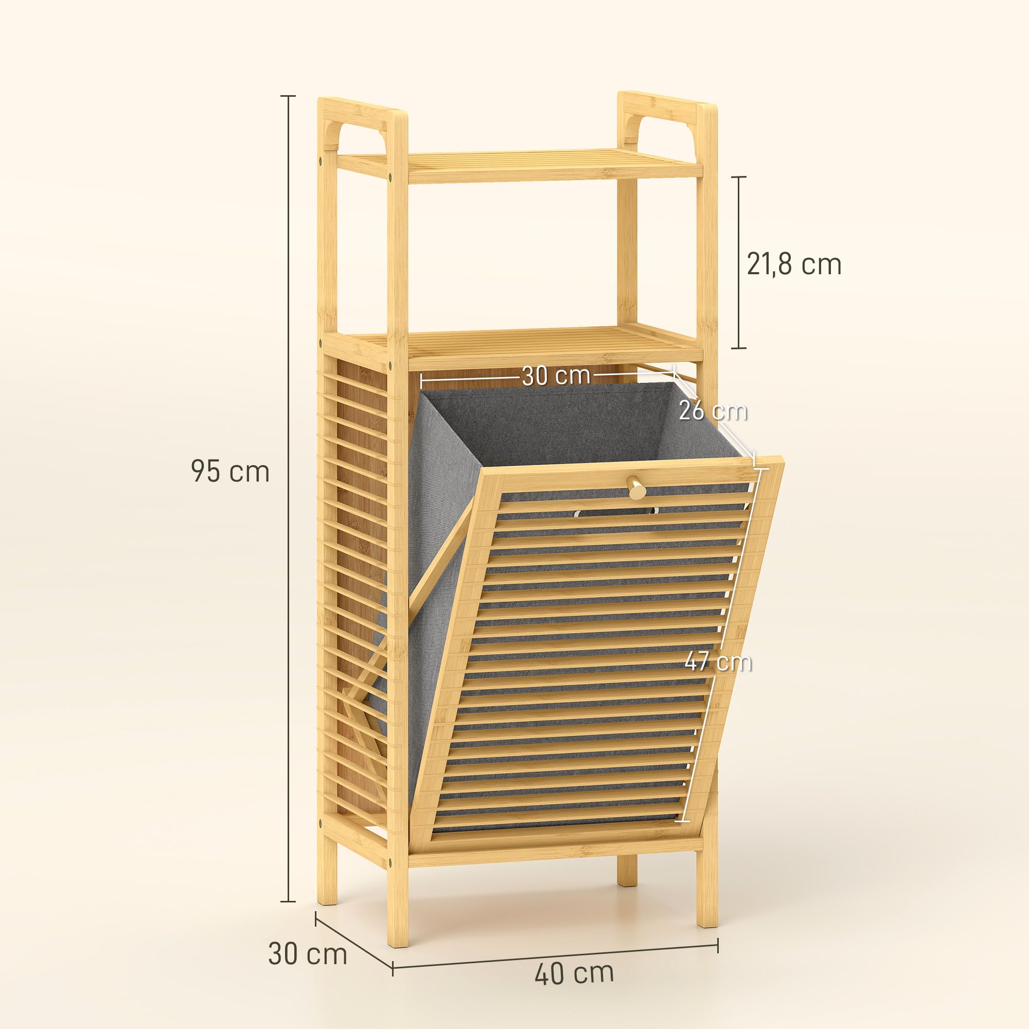 HOMCOM Meuble de Rangement à Linge en Bambou, Meuble de Salle de Bain avec étagère, Panier à Linge basculant, Porte à Lattes et Sac de Rangement Amovible, 40 x 30 x 95 cm, Effet Bois Naturel
