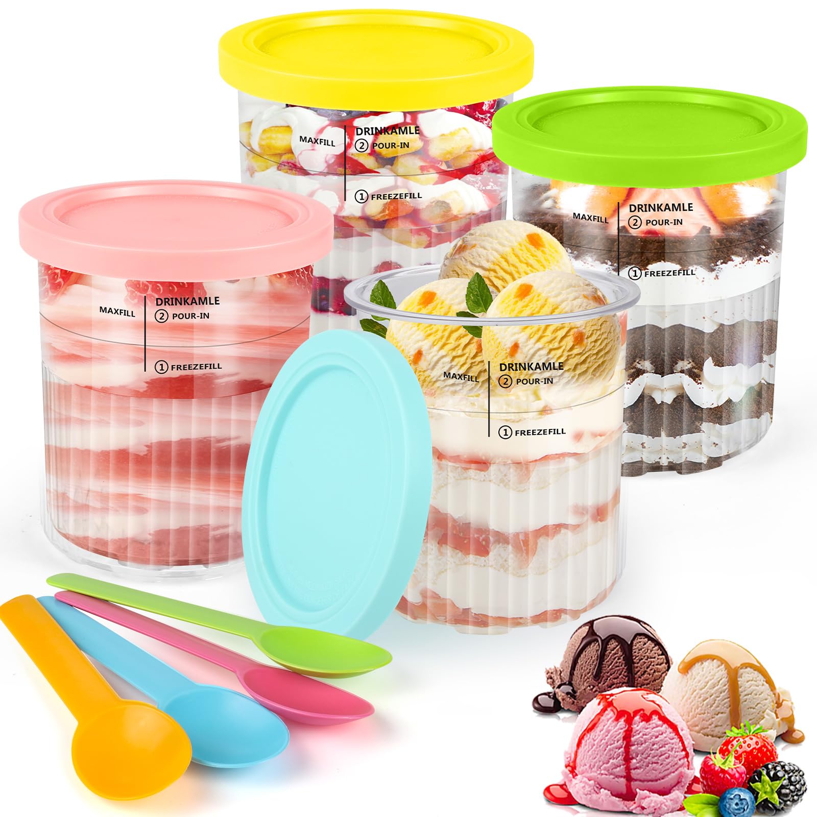 Contenitori Per Gelato Ninja Creami Deluxe | 4 Pezzi Da 800ml | Con Coperchi E Cucchiai | Lavabili In Lavastoviglie