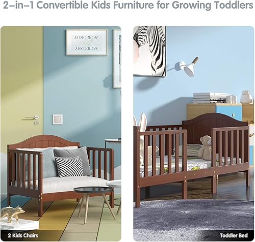 Vista 5 de Costzon Cama convertible 2 en 1 para niños pequeños, cama clásica de madera para niños con 2 barandillas laterales, estribo para mayor seguridad