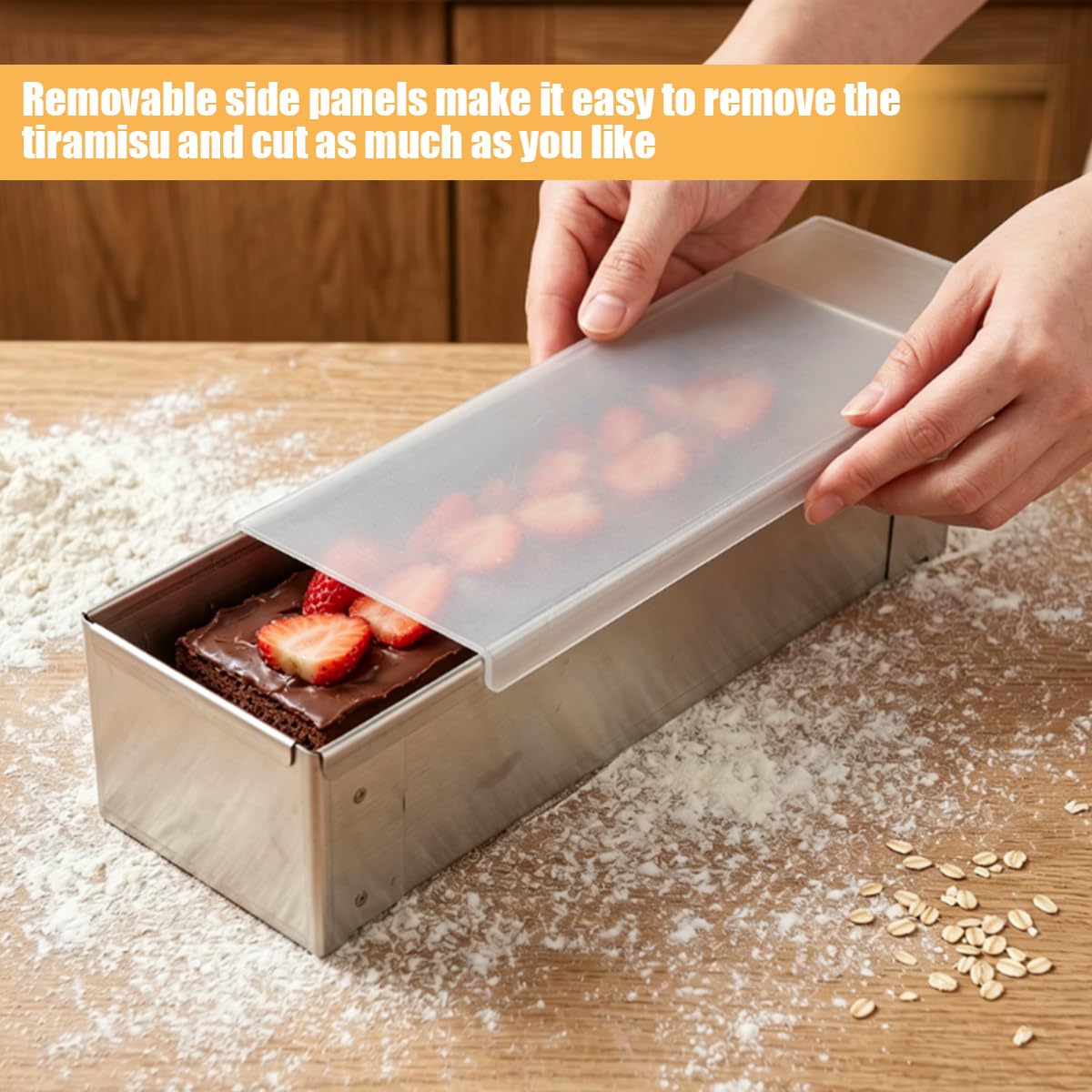Stampo per Tiramisù In Acciaio Inox da 30 cm con Bordi Laterali Rimovibili, Stampo Rettangolare Antiaderente per Torte Tiramisù con Coperchio Trasparente, Facile da Conservare In Frigorifero