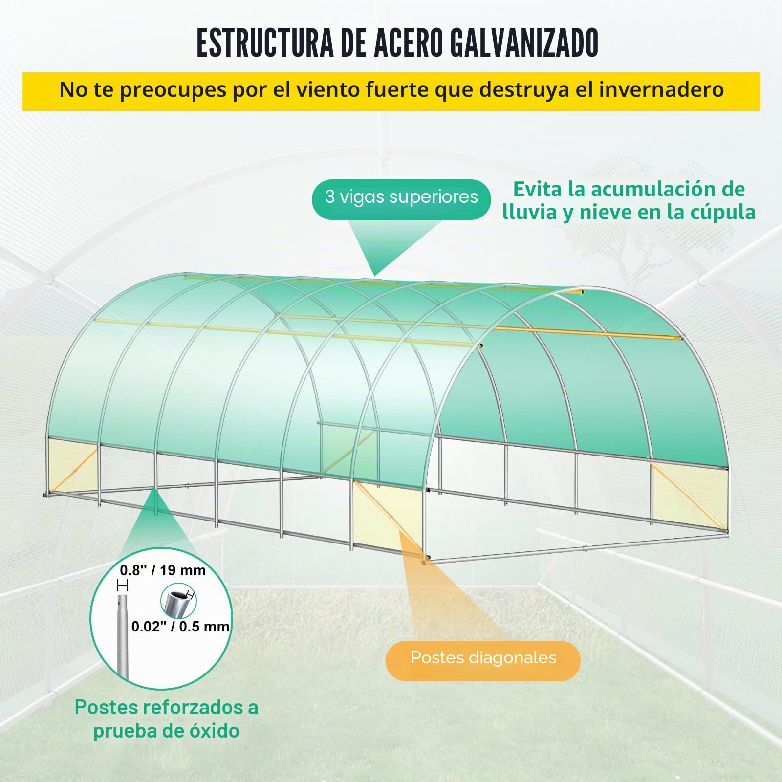 VEVOR Invernadero de Techo arqueado, 6,1 x 3 x 2,1 m, Marco de Acero galvanizado y Lona de Polietileno, túnel de Invernadero, Resistente al Agua y a los Rayos UV, Ideal para el Cultivo de Verduras y
