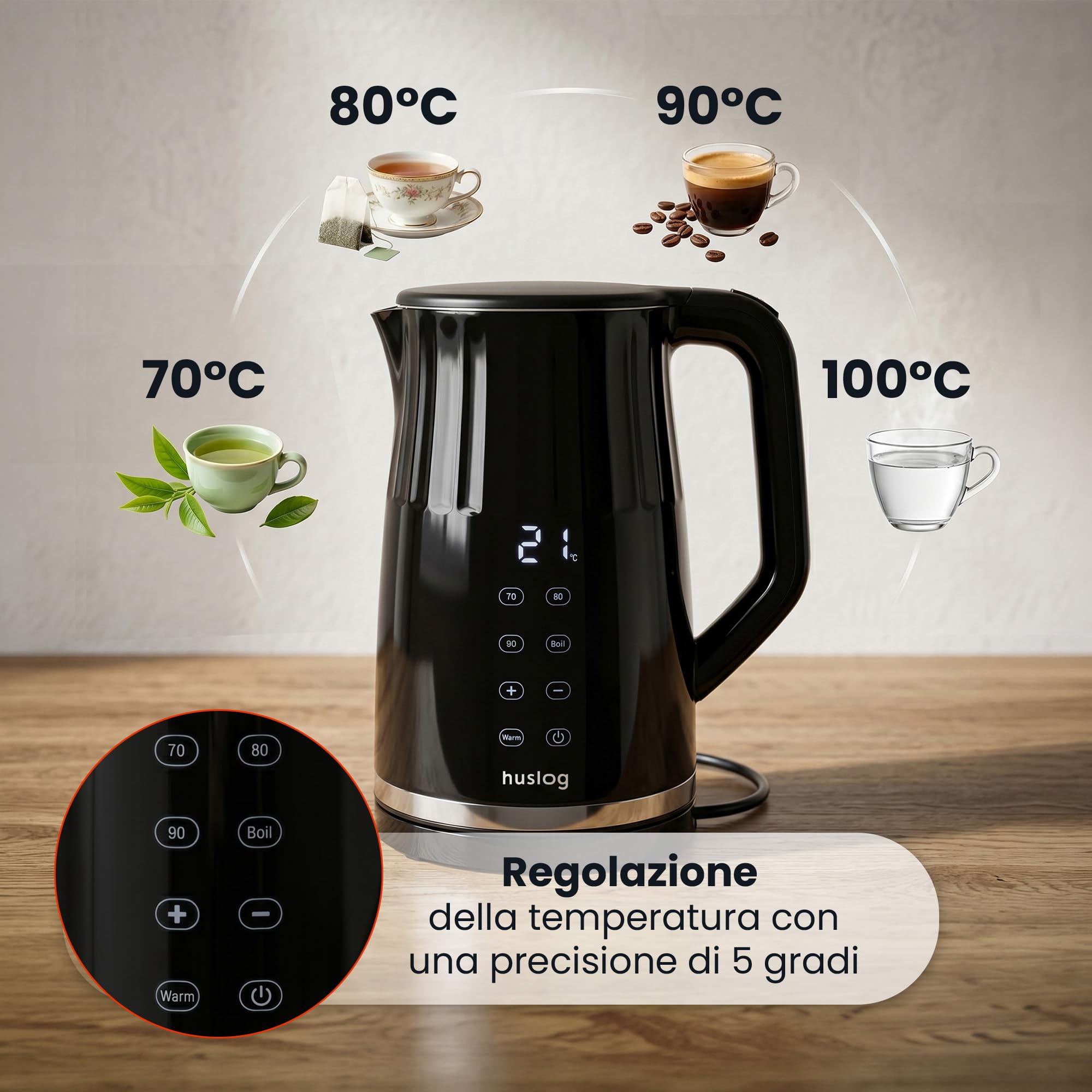 Bollitore elettrico da 1,7 l, 2200 W, con controllo della temperatura e pannello touch, design retrò, display LED, 4 programmi, 13 livelli, Keep Warm 2h, Cool Touch, acciaio inox 304, senza BPA