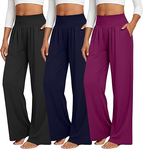 Neer - Conjunto de 3 pantalones de yoga de pierna ancha para mujer - Pantalones deportivos cómodos, holgados, de cintura alta y casuales para