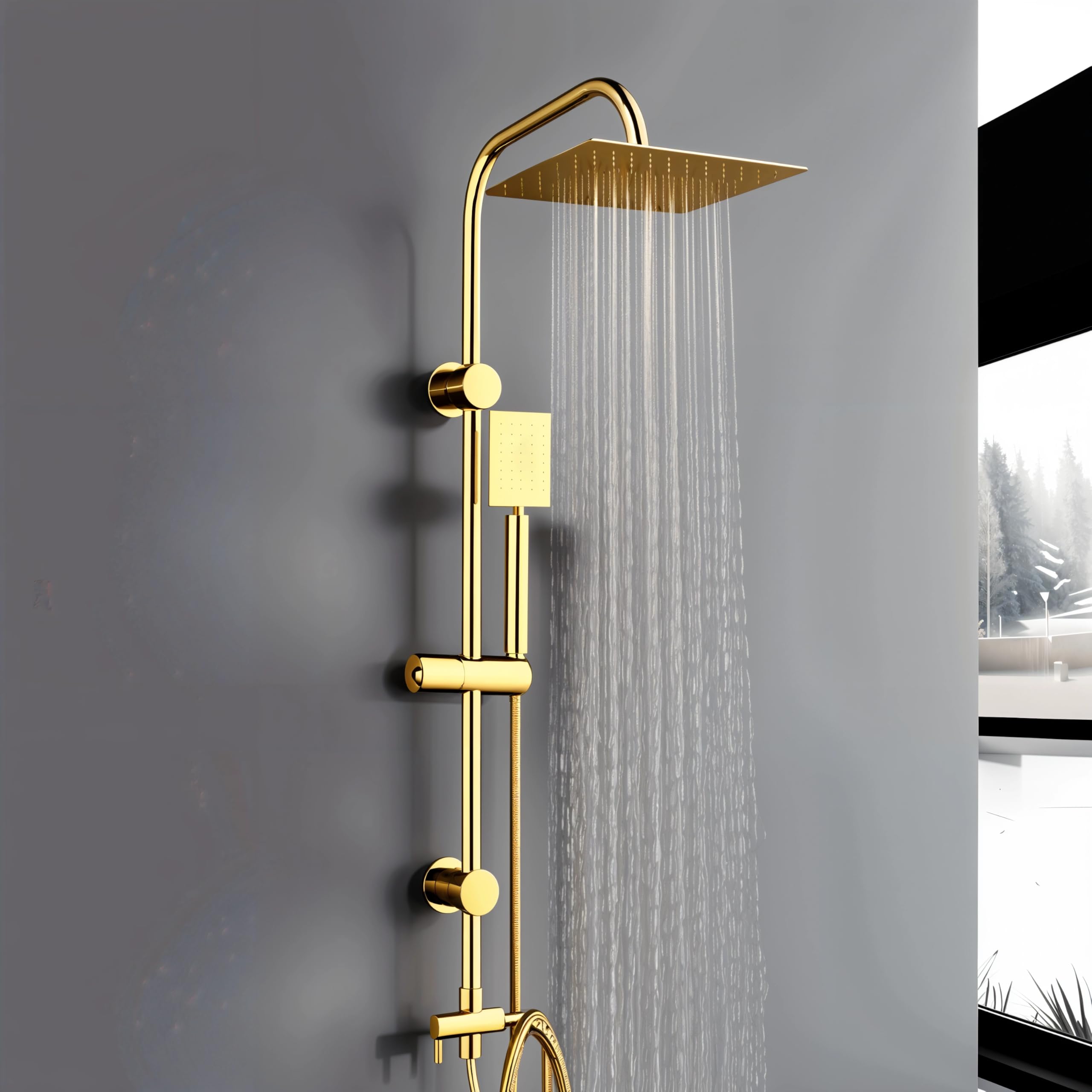Colonna Doccia Con Soffione e Doccetta Acciaio Inox Anticalcare e Mensola Porta Flacone Con Ganci Per Spugna (Quadrata Finitura Oro)
