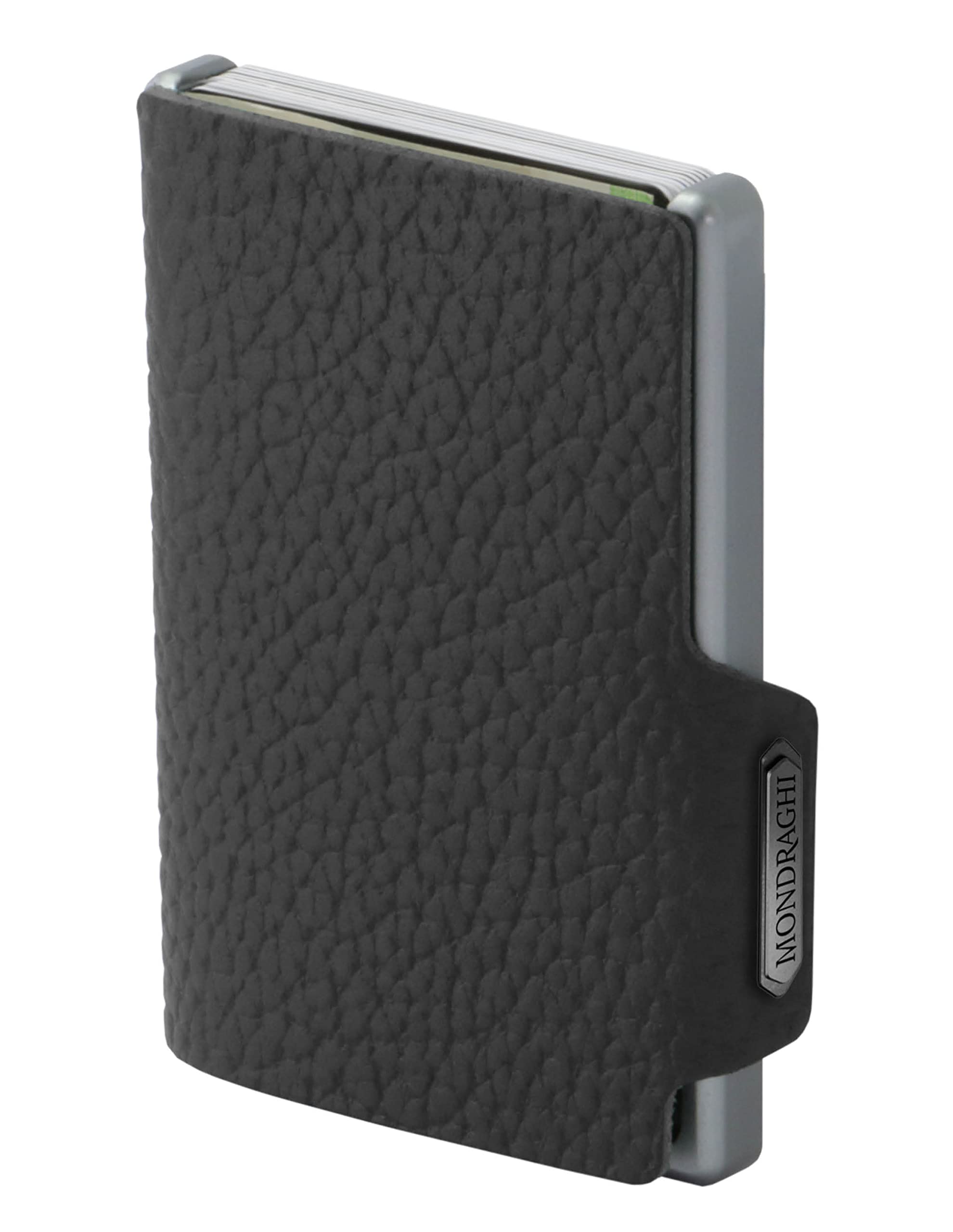 Mondraghi® Mini-Wallet. Ultraleichte Geldbörse mit Narbenleder. Kleiner Geldbeutel mit RFID-Schutz-Chip - Kartenetui mit Leichtmetallrahmen | ONE Black