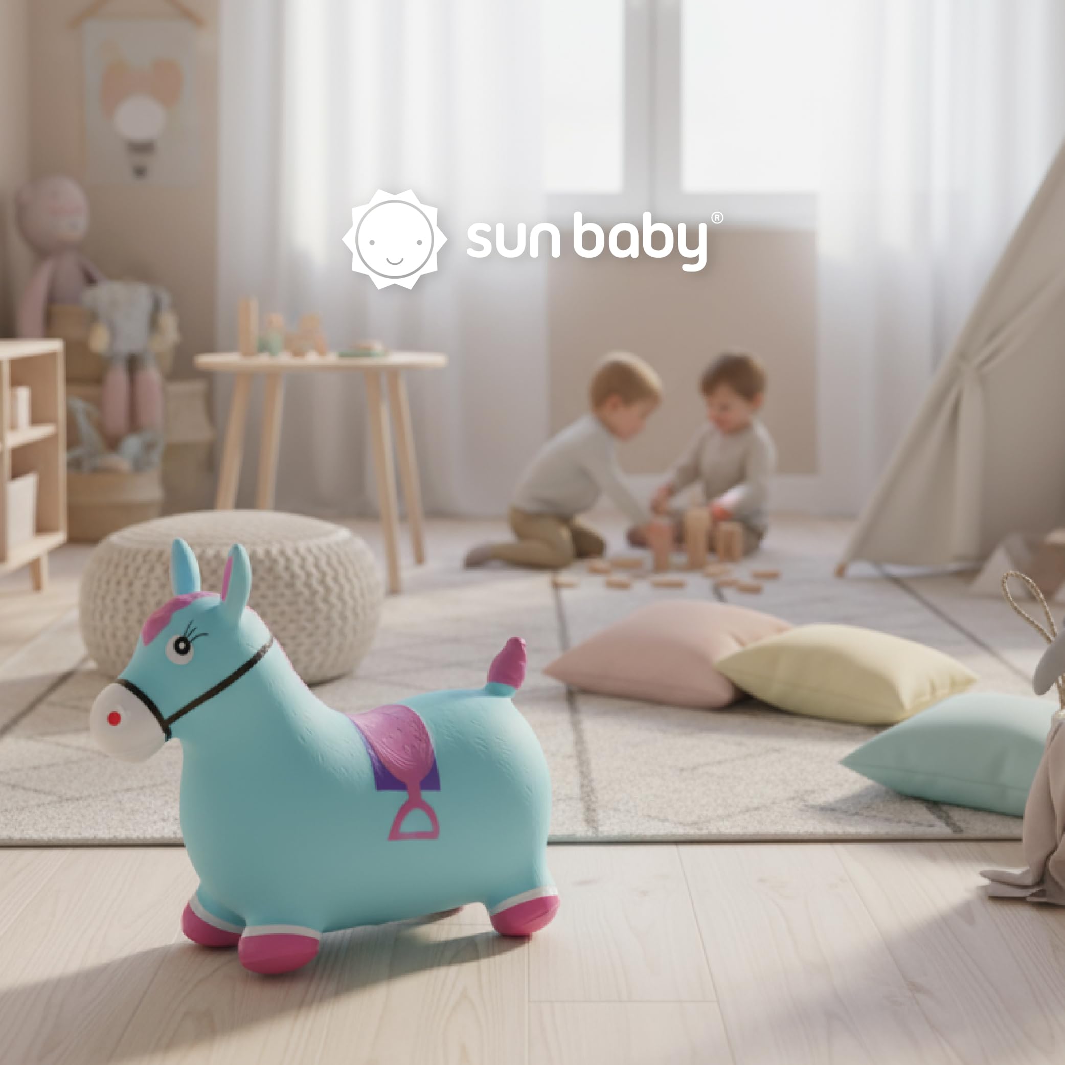 Sun Baby Animale gonfiabile che salta, giocattolo di 1 anno, saltarello per bambini, design ergonomico, cavallo giocattolo, pompa manuale inclusa (Cavallo blu)