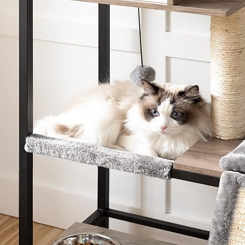 Miniatura 5 de HOOBRO Árbol de madera para gatos, torre versátil para gatos con poste rascador, hamaca para gatos y cuencos de comida, casa para mascotas de 4