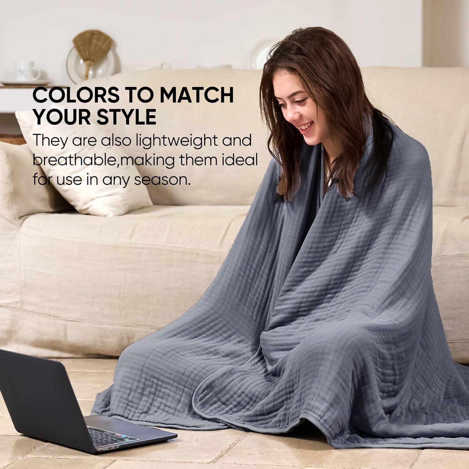Muslin Blanket Soft and Luxurious Queen Size Bedding Suitable for All Seasons (Fog Blue, Twin 60X90 inch)