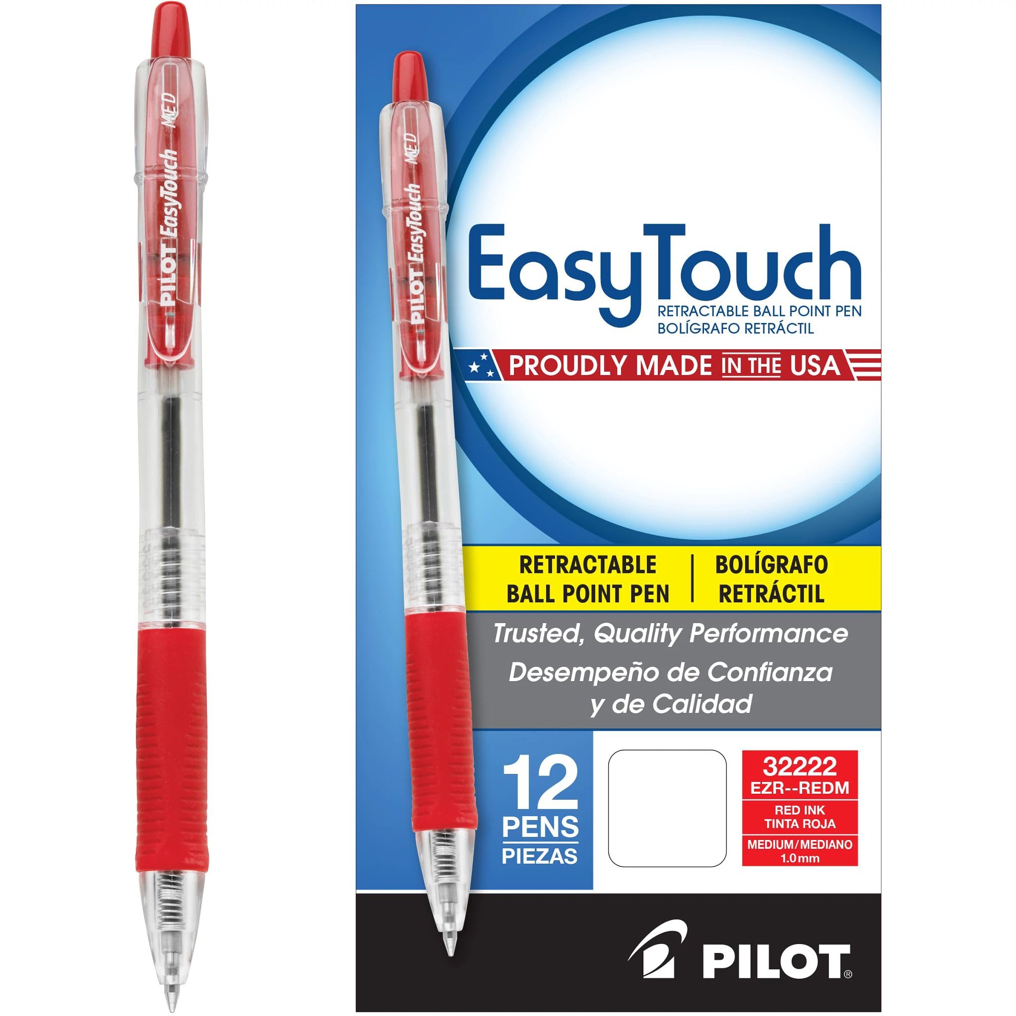 PILOT EasyTouch Refillable & Retractable Ballpoint Pens, Medium Point, Red Ink, 12-Pack (32222)
