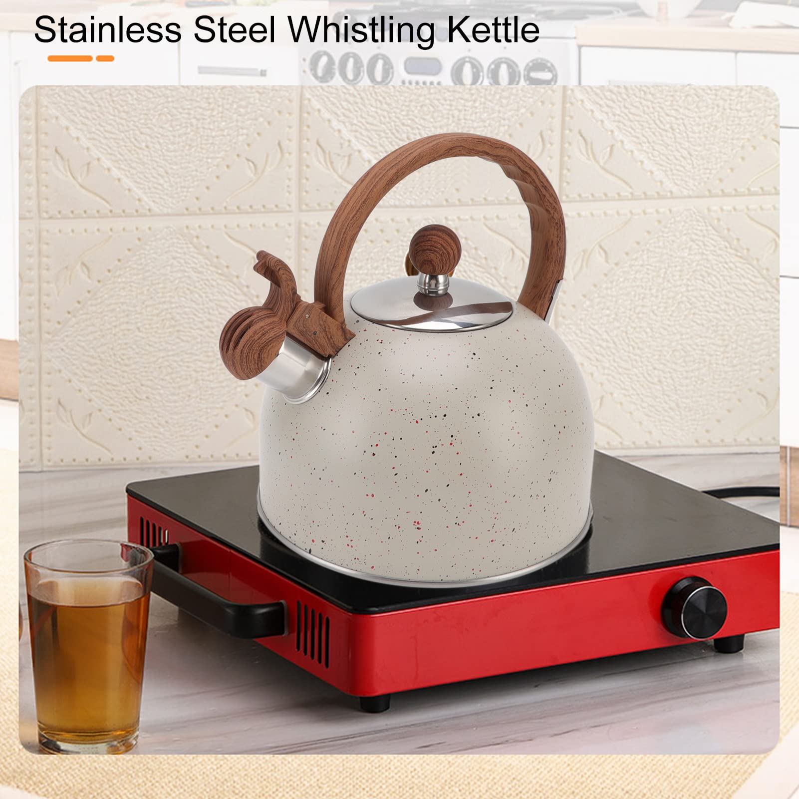 Stove Top Whistling Tea Kettle, Stainless Steel Teakettle Teapot with Cool Touch Ergonomic Handle Loud Whistling Kettle for Boiling Water Coffee or Milk, 2.5L(Beige)