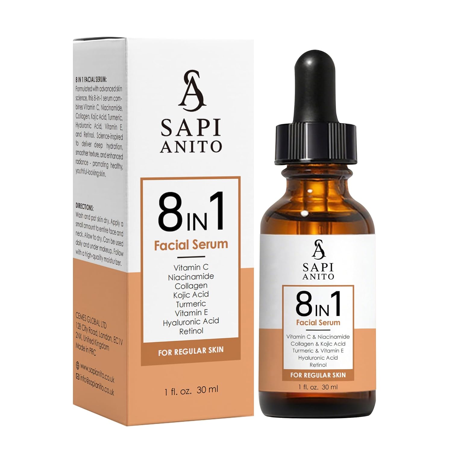 Sapi Anito 8-in-1 Facial Serum for Regular Skin, 1 fl oz (30 ml) – Vitamin C, Niacinamide, Hyaluronic Acid, Retinol, Kojic Acid, Turmeric, Vitamin E & Collagen