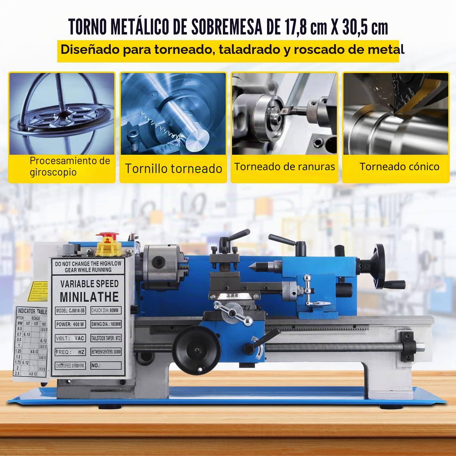 BestEquip Mini Torno de Metal 180mm x 350mm, Velocidad Variable 50-2250 RPM 550W Engranaje de Nylon, Mini Torno de Banco 0,75HP, Fresadora de Velocidad de Husillo Variable