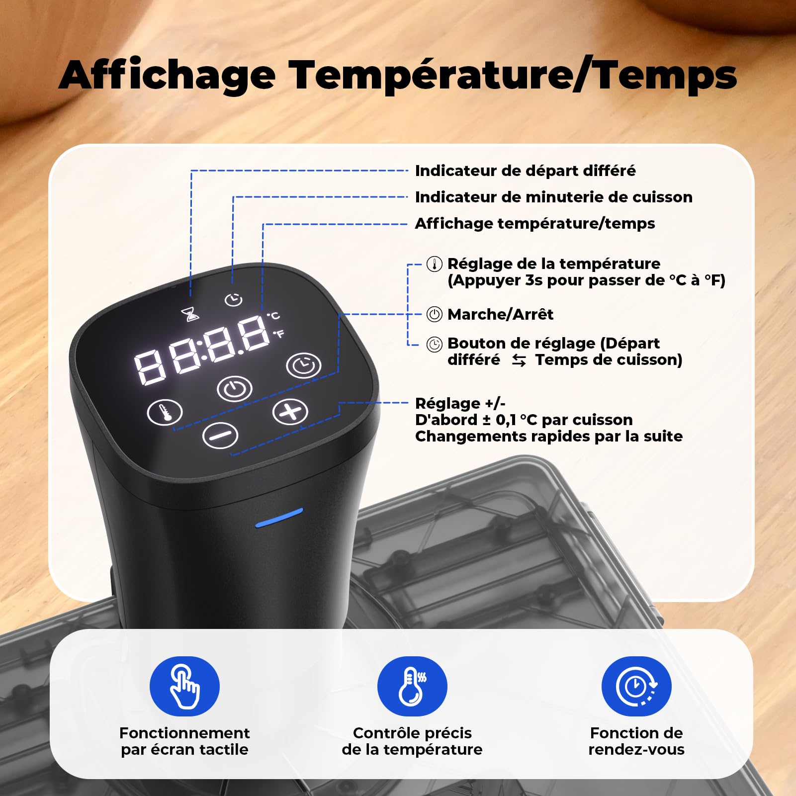 Cuiseur Sous Vide Thermoplongeur Cuisson Sous Vide avec Fonction de Réservation 1000W Calculateur d'Immersion Cuisinière Thermostat Réglable pour un Contrôle Précis de la Température
