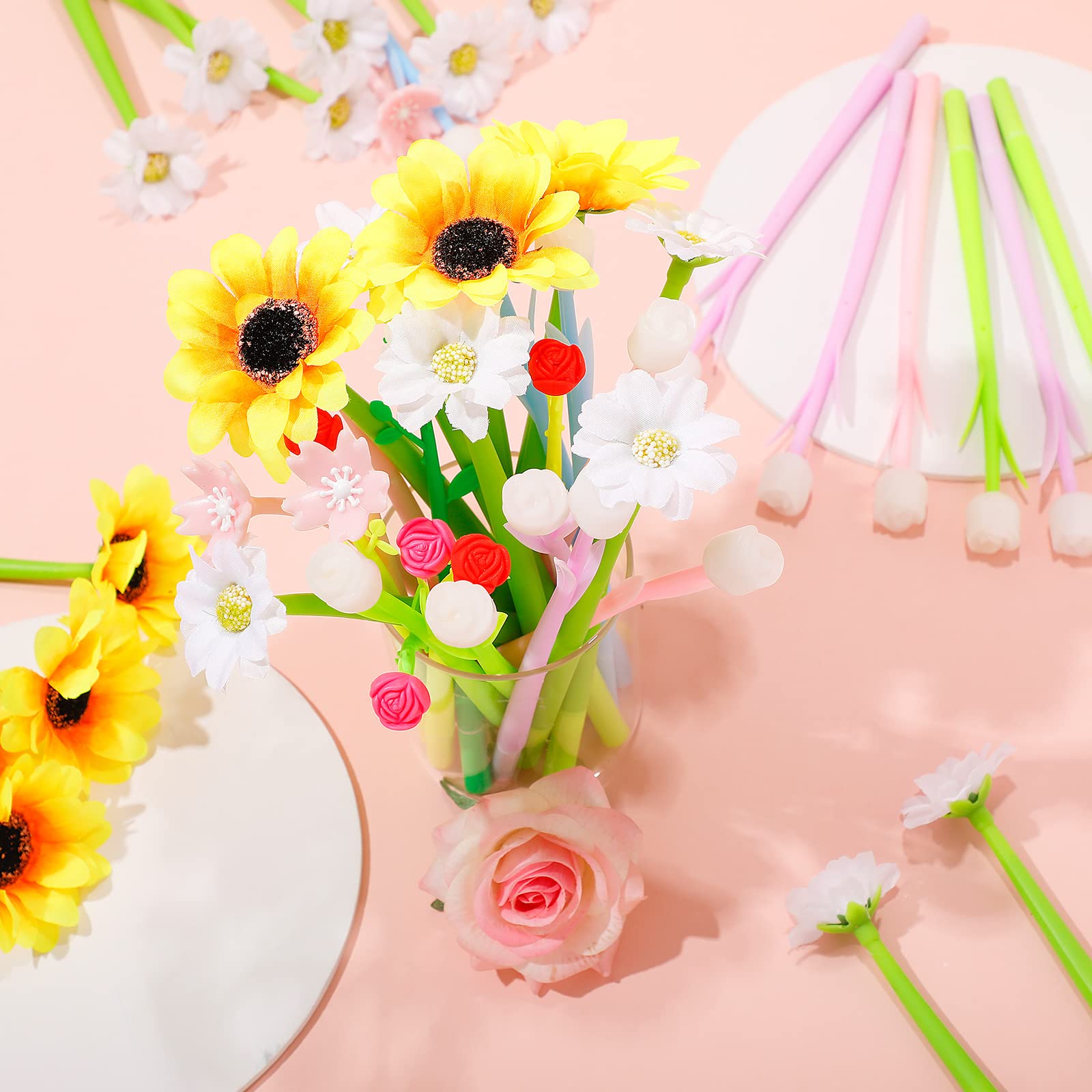 Teling 100 penne a sfera a forma di cactus, 5 stili che cambiano colore, 0,5 mm, inchiostro gel nero, penne a sfera con giglio, penne a sfera a tulipano, girasole, rosa, per scuola, casa, ufficio