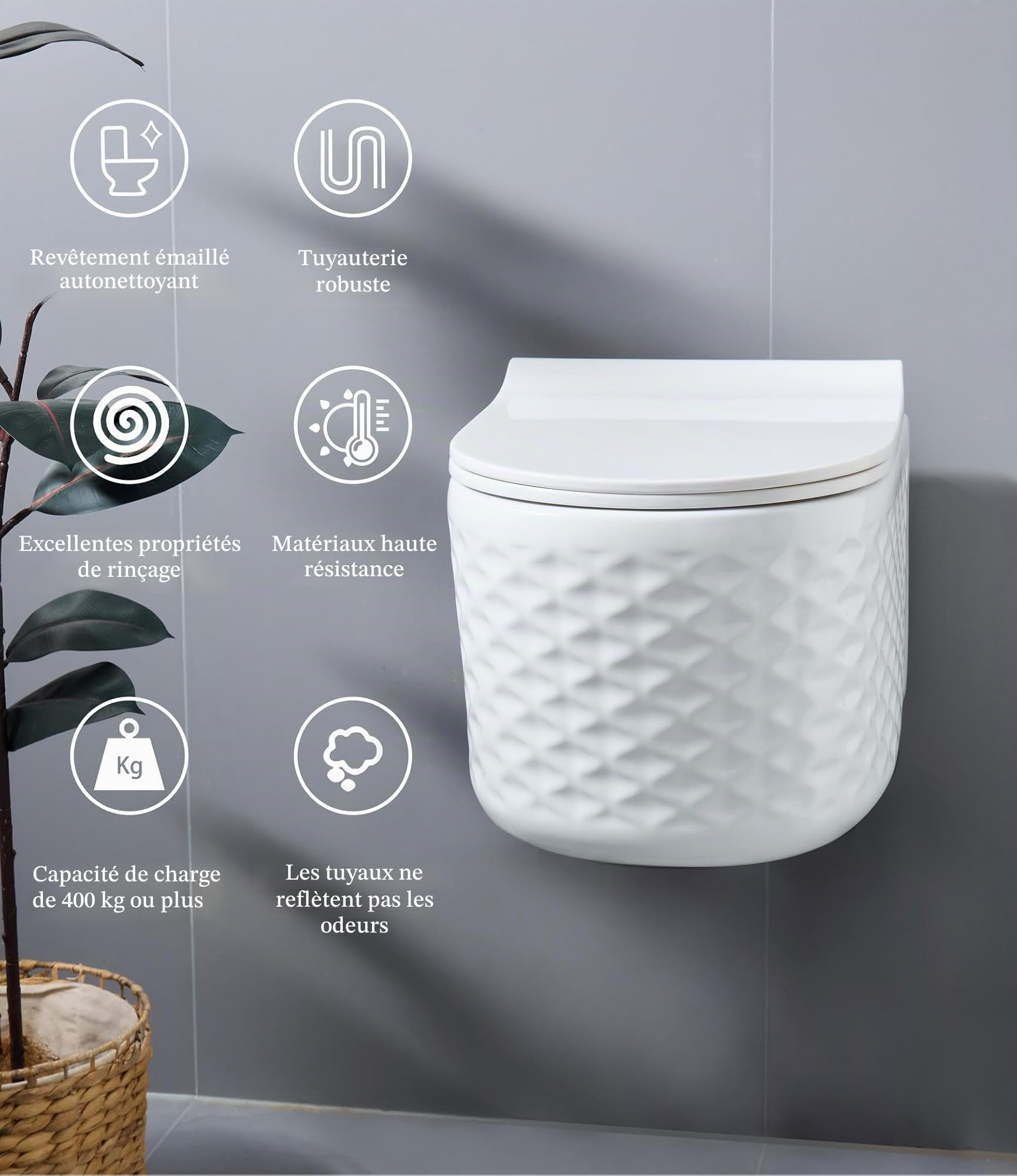 WC suspendu sans rebord Nano revêtement Céramique Toilettes et abattant avec fermeture automatique (élégant en blanc)