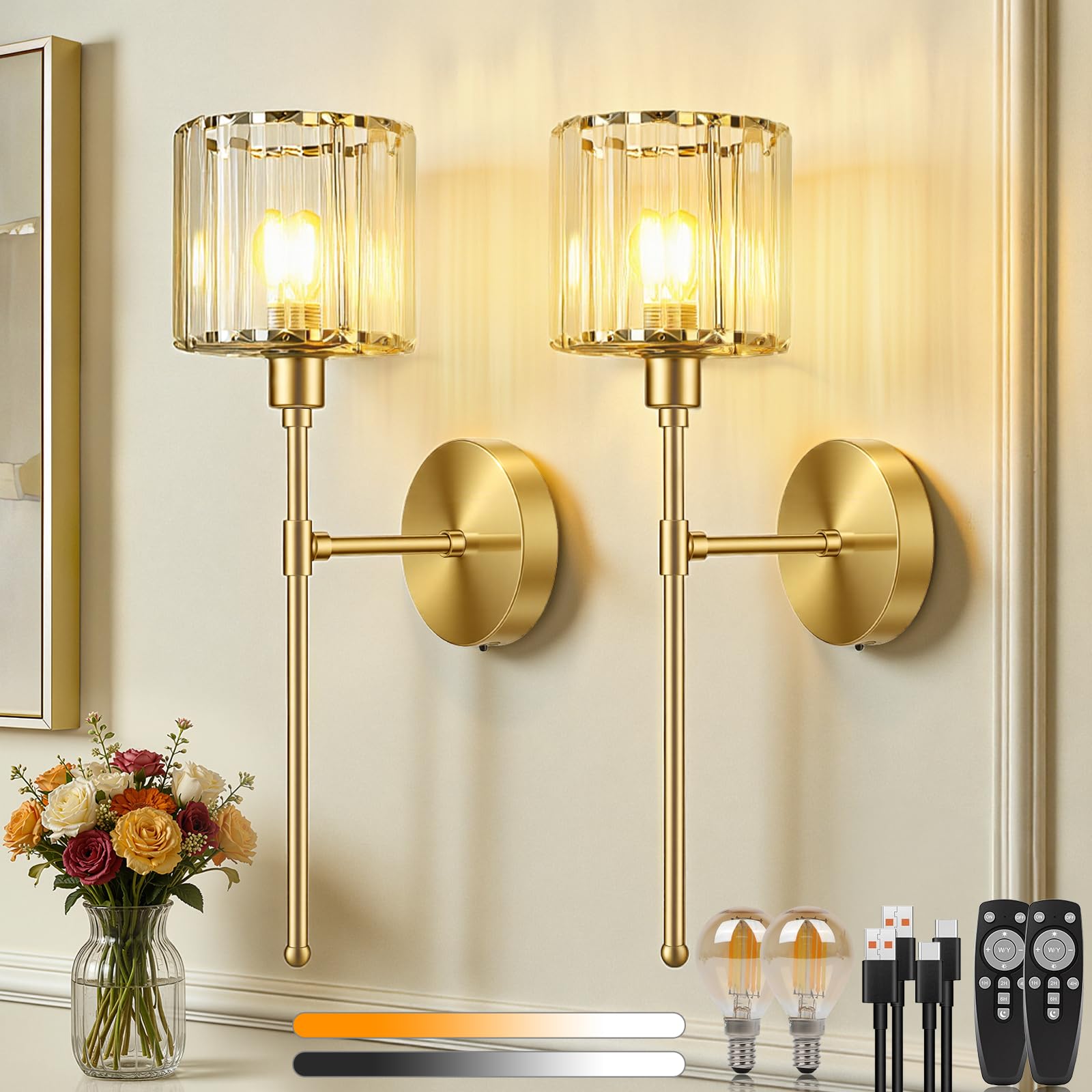 Dehobo Rechargeable Wall Lights with Crystal Lampshade 2 Packs, Battery Operated Wall Lights 3 Color Temperature with Light Bulbs, Gold Wall Lights Dimmable with Remote Control for Bedroom Living Room