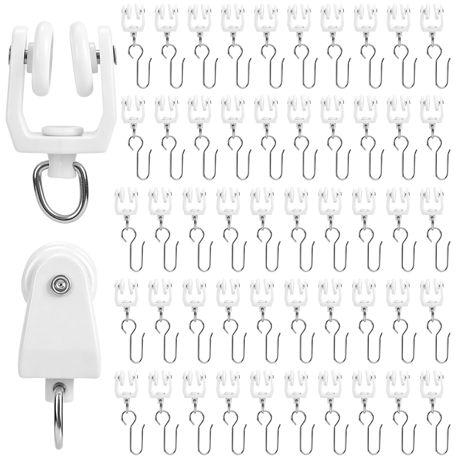 50Pcs Curtain Track Rollers with Hooks, 13mm Silent White Gliders