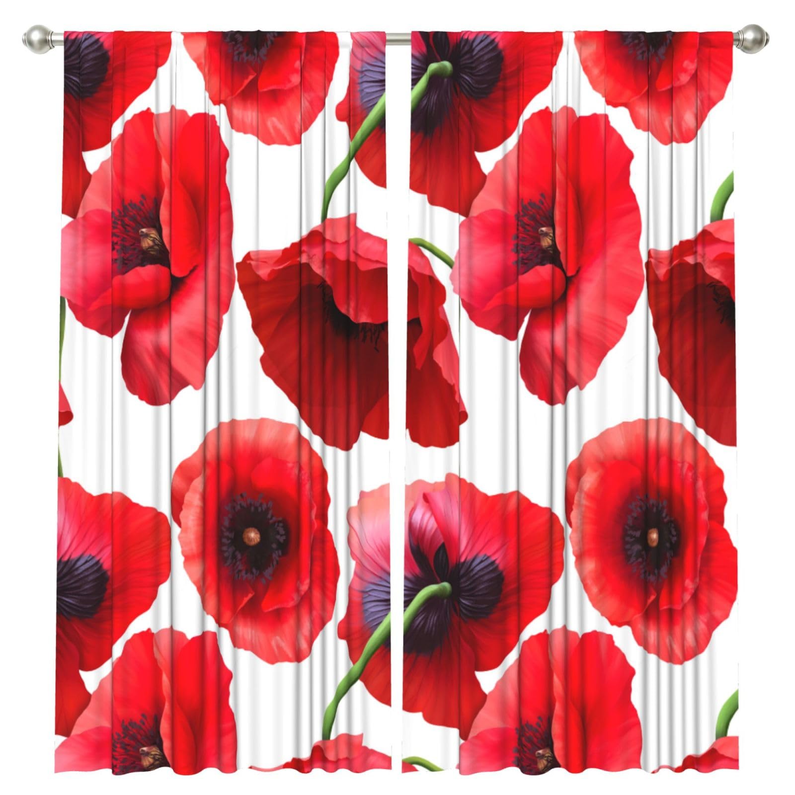 InOmak Poppy Seamless Pattern, 2 Panels Window Curtains 52 x 84 Inch Blackout Curtains for Living Room Bedroom