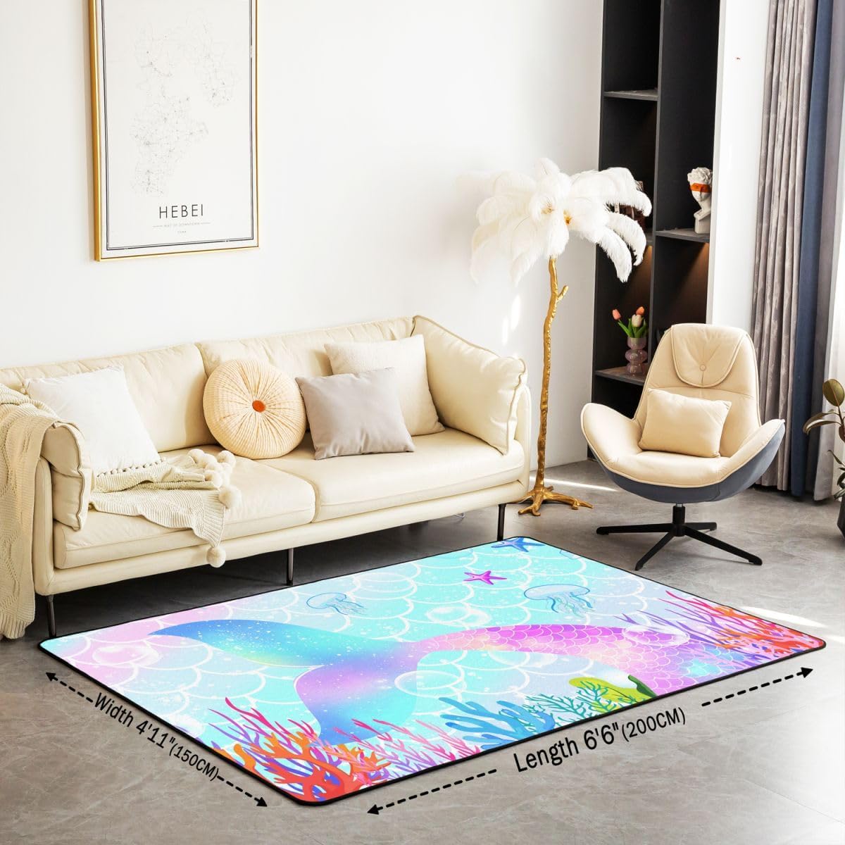Mermaid Decorative Carpet Girls Mermaid Tail Area Rug Boys Kids Fish Scales Living Room Rugs Princess Girly Rainbow Indoor Floor Mat Ocean Life Sea Animal Room Decor, Pastel Pink Blue Area Rug 5x7