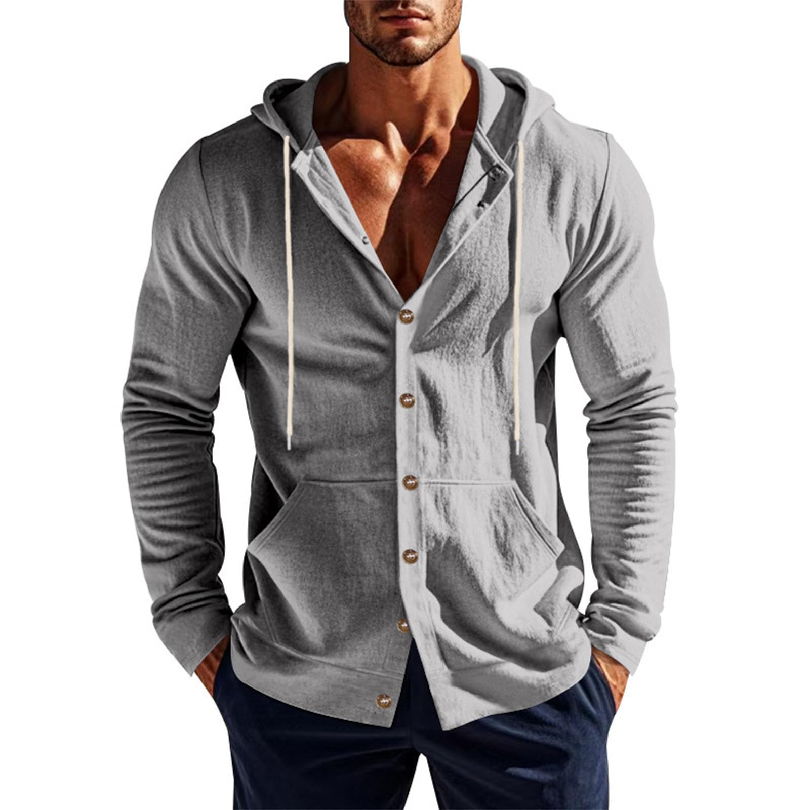 Mens Cotton Linen Hoodies Long Sleeve Shirt Button Down Drawstring Blouses with Pockets 2025 Summer Beach Yoga Tops