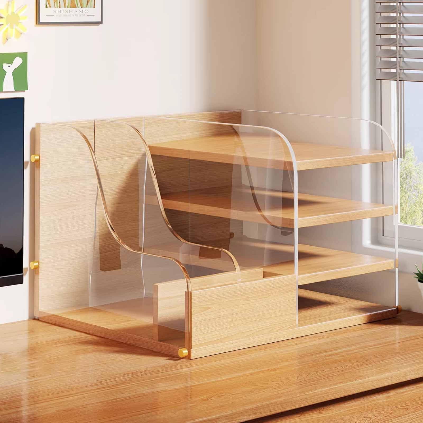 Estante De Almacenamiento De Escritorio De Madera Y Acrílico, Soporte Para Documentos De 4 Niveles Con Compartimento Lateral, Organizador De Escritorio Multicapa Para Papelería Y Suministros De
