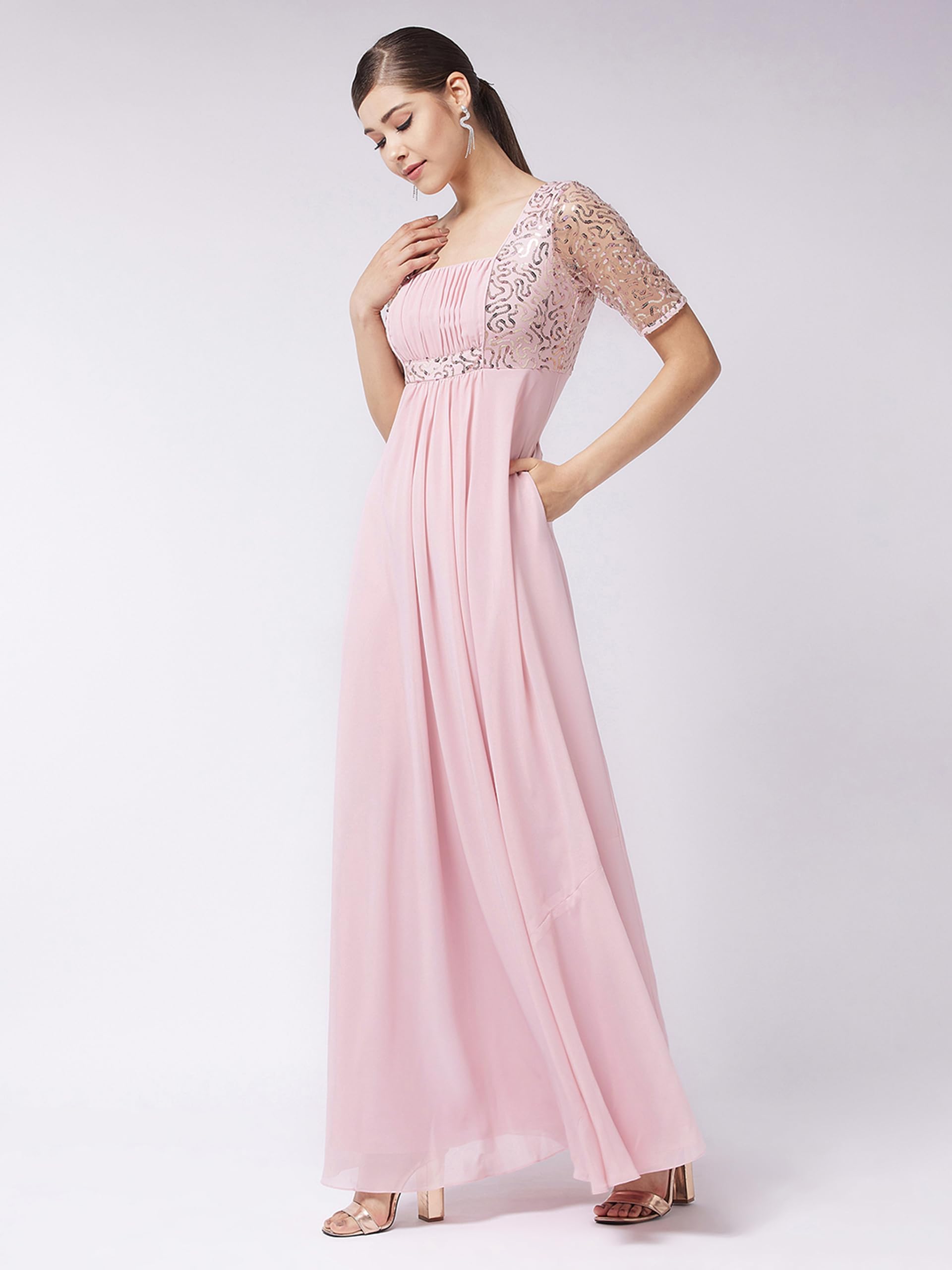 Miss Chase Women's Dusty Pink Square Neck Half Sleeve Solid Embellished Maxi Dress (Mcaw21D06-41-122-04, Dusty Pink, M)
