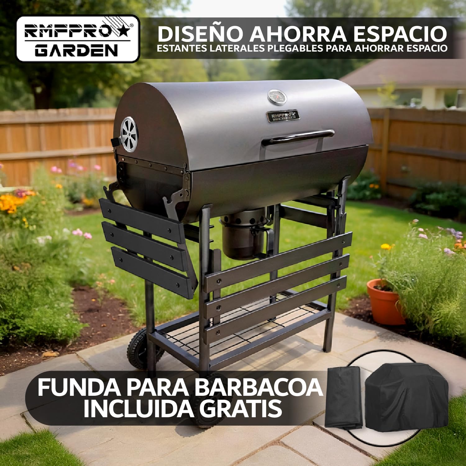 RMF Barbacoa de Carbón con Parrilla XL con Termómetro Integrado - Kit de Accesorios y Funda incluidos, Carrito de Acero Resistente con Ruedas, Estantes Laterales Plegables, Cenicero Extraíble