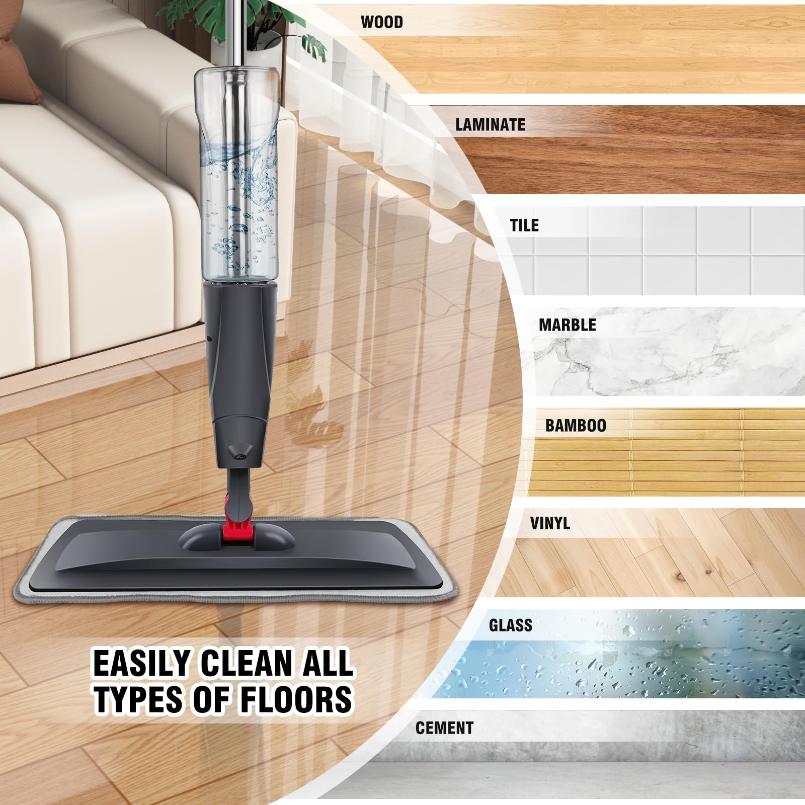 Mocio spray in microfibra per la pulizia dei pavimenti, girevole a 360° per pavimenti in laminato con flacone spray grande da 700 ml, panni lavabili di ricambio, per uso bagnato e asciutto, potente