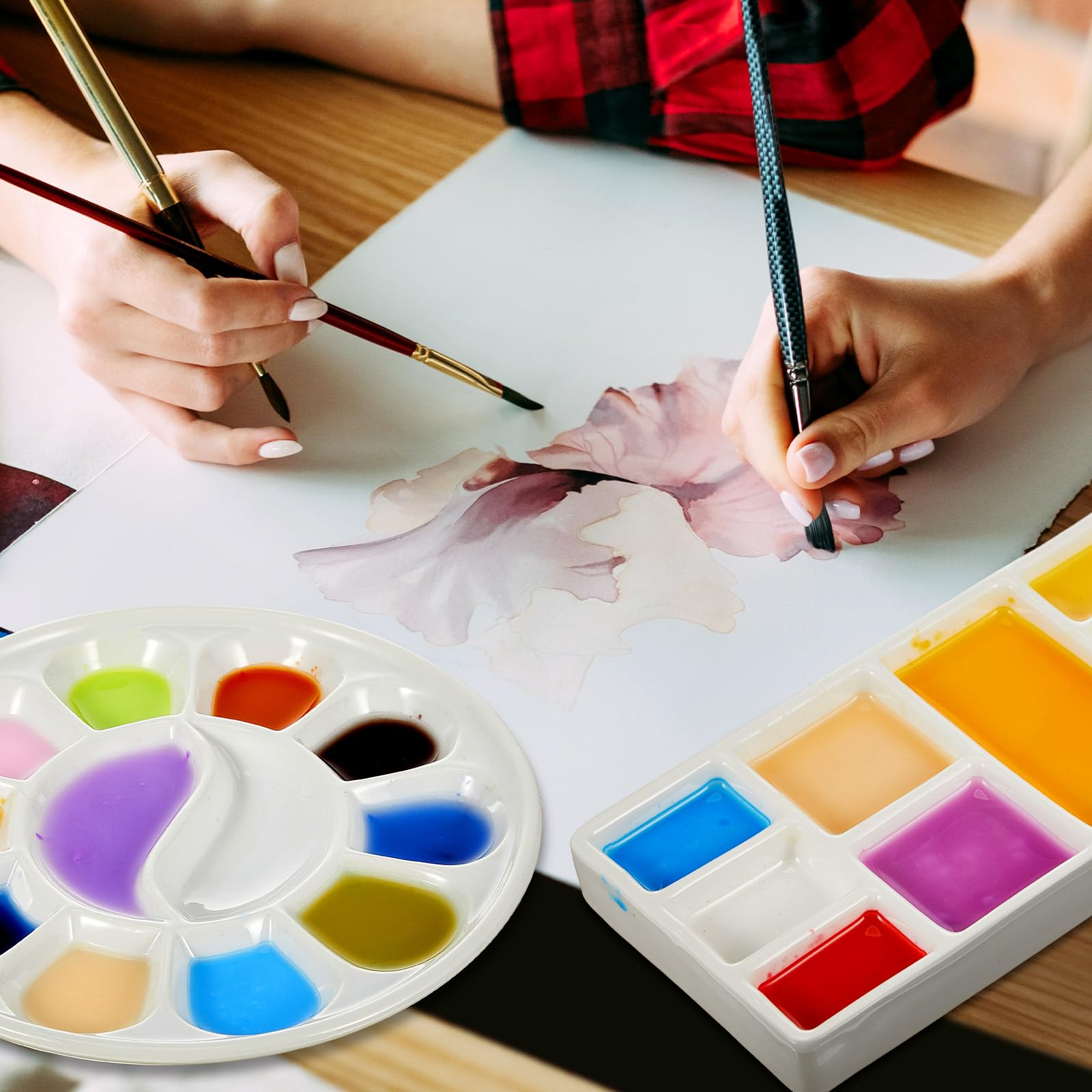 Skyygemm Set mit 3 Keramik-Künstler-Farbpaletten, inklusive Keramik-Künstler-Palette, leicht zu reinigen, rund, Porzellan, Aquarellfarbe, Pinsel, Waschschüssel für Aquarell-, Gouache-Malerei, Weiß