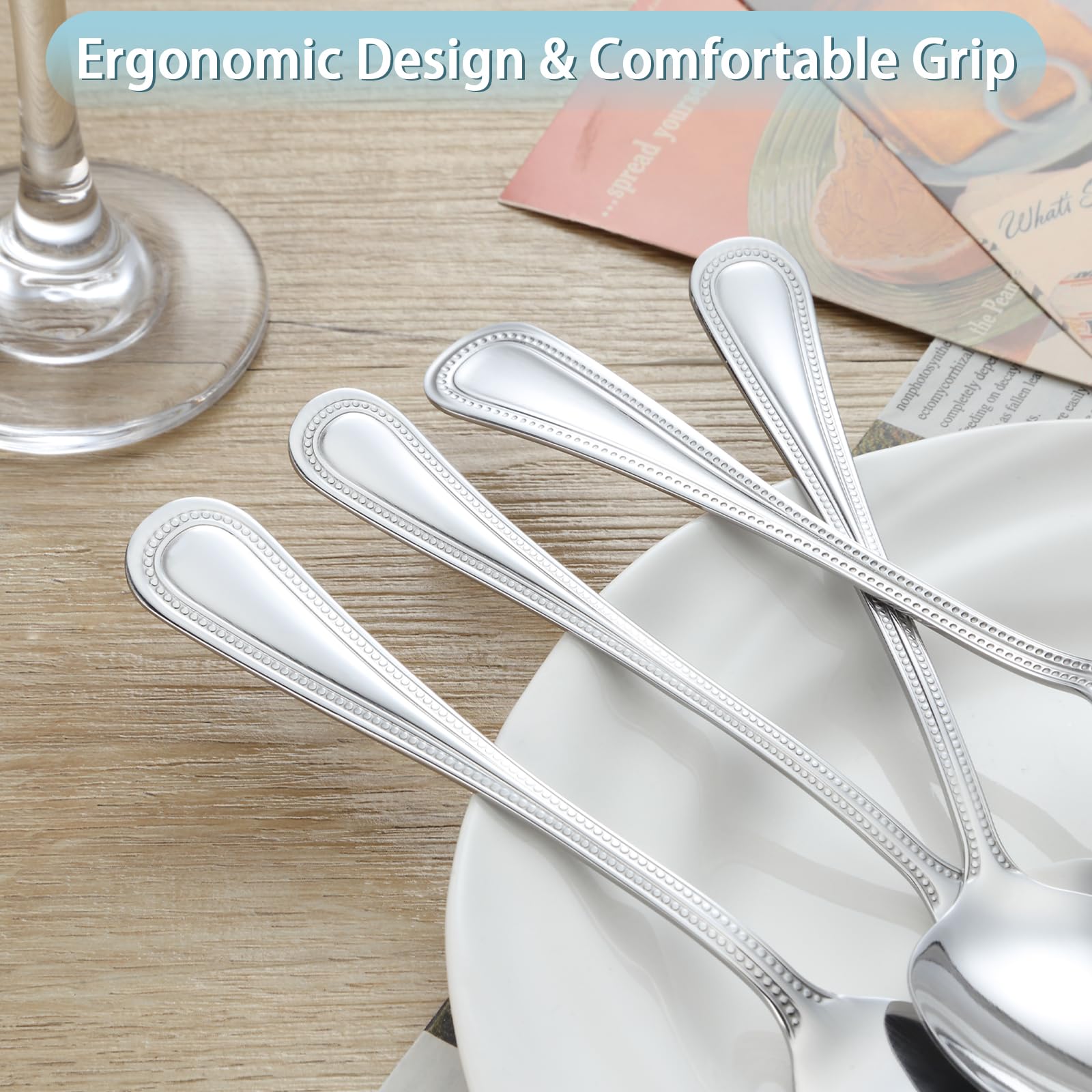 24 PCS Spoons and Forks Set, Food Grade Stainless Steel with Pearl Dot Design Handle Silverware Set, Mirror Polished Dishwasher Safe, Silverware Forks and Spoons for Home or Restaurant — Amazon image 4