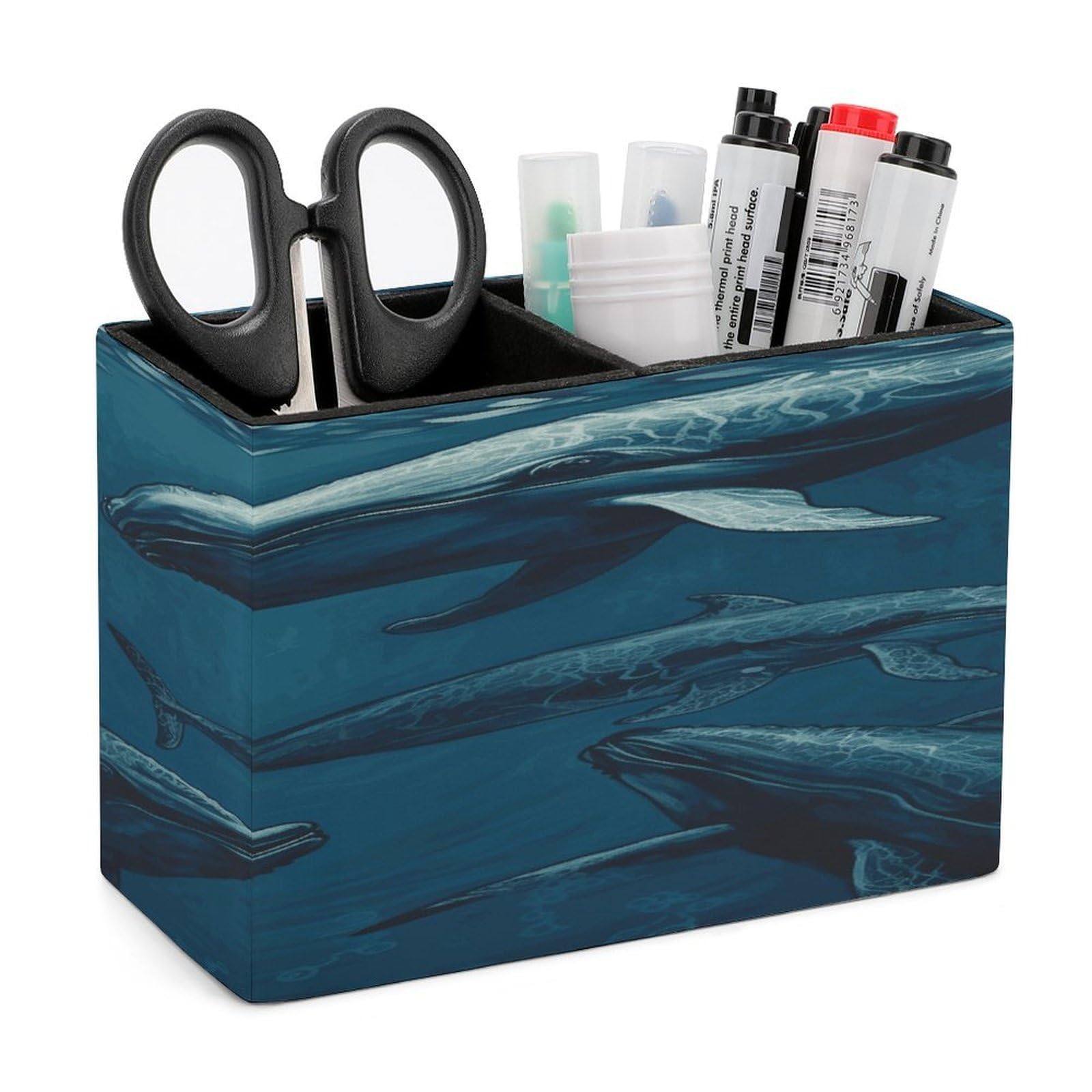 LDGSUPH Ocean Whale Leather Pen Holder for Desk Organizer Caddy Large Pencil Cup Multi-function Pencil Holder Makeup Brush Holders Pen Organizer for Home Office Storage Box