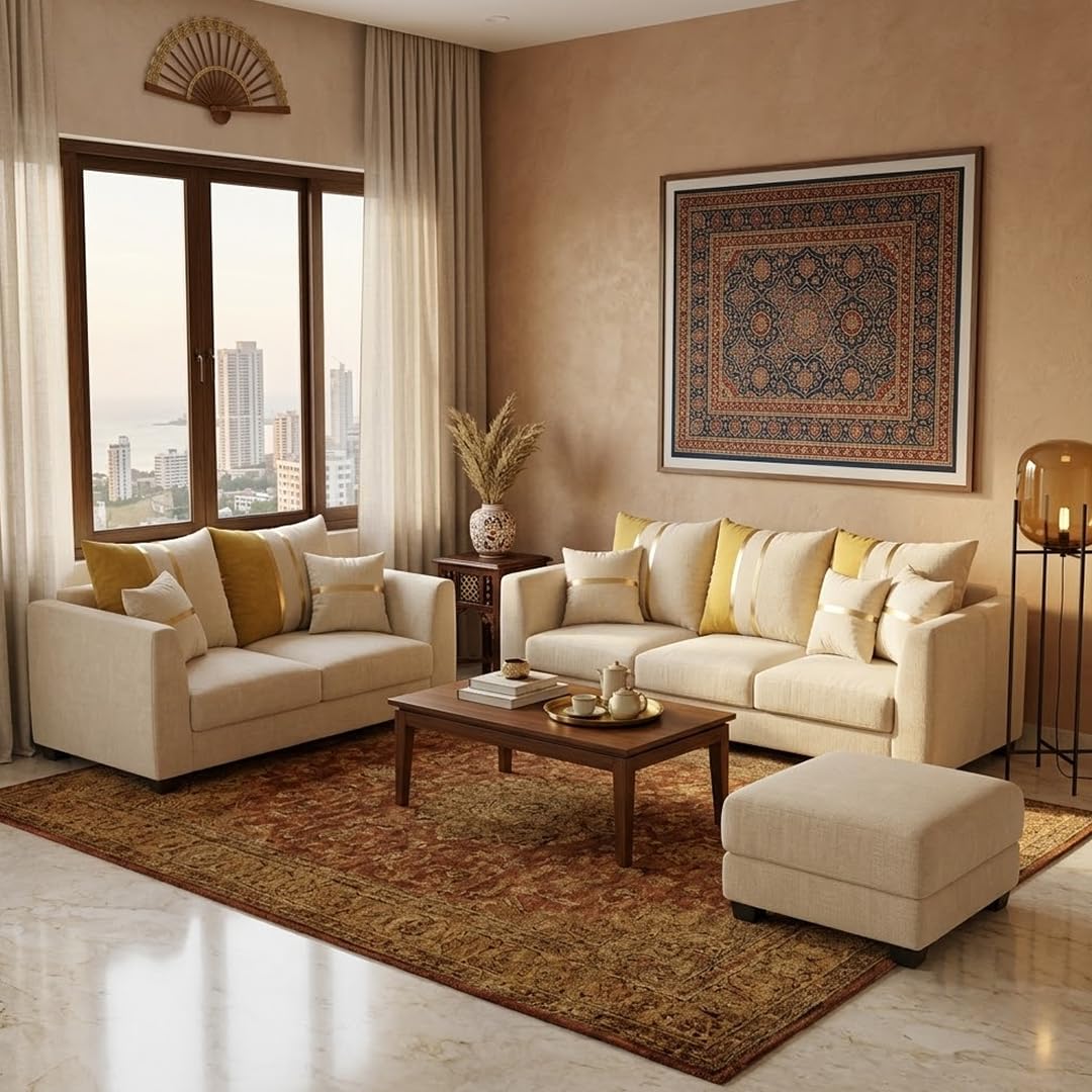 Vero Plush Comfort Sofa Set | 3 Seater + 2 Seater with Ottoman | Luxury Velvet Suede Fabric | Modern Living Room Sofa | Cream-image-23