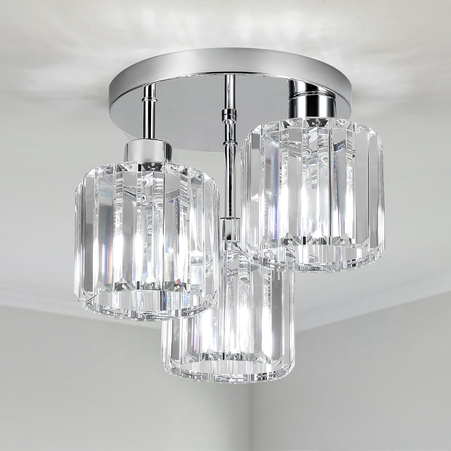 FORCOSO Ceiling Light 3 Lights, Modern Light Shade Crystal Light Fitting, Semi Flush Chandelier Lampshade, E27 Lighting Fixture for Living Room Bedroom Hallway Kitchen Dining Room Foyer Chrome — image 1