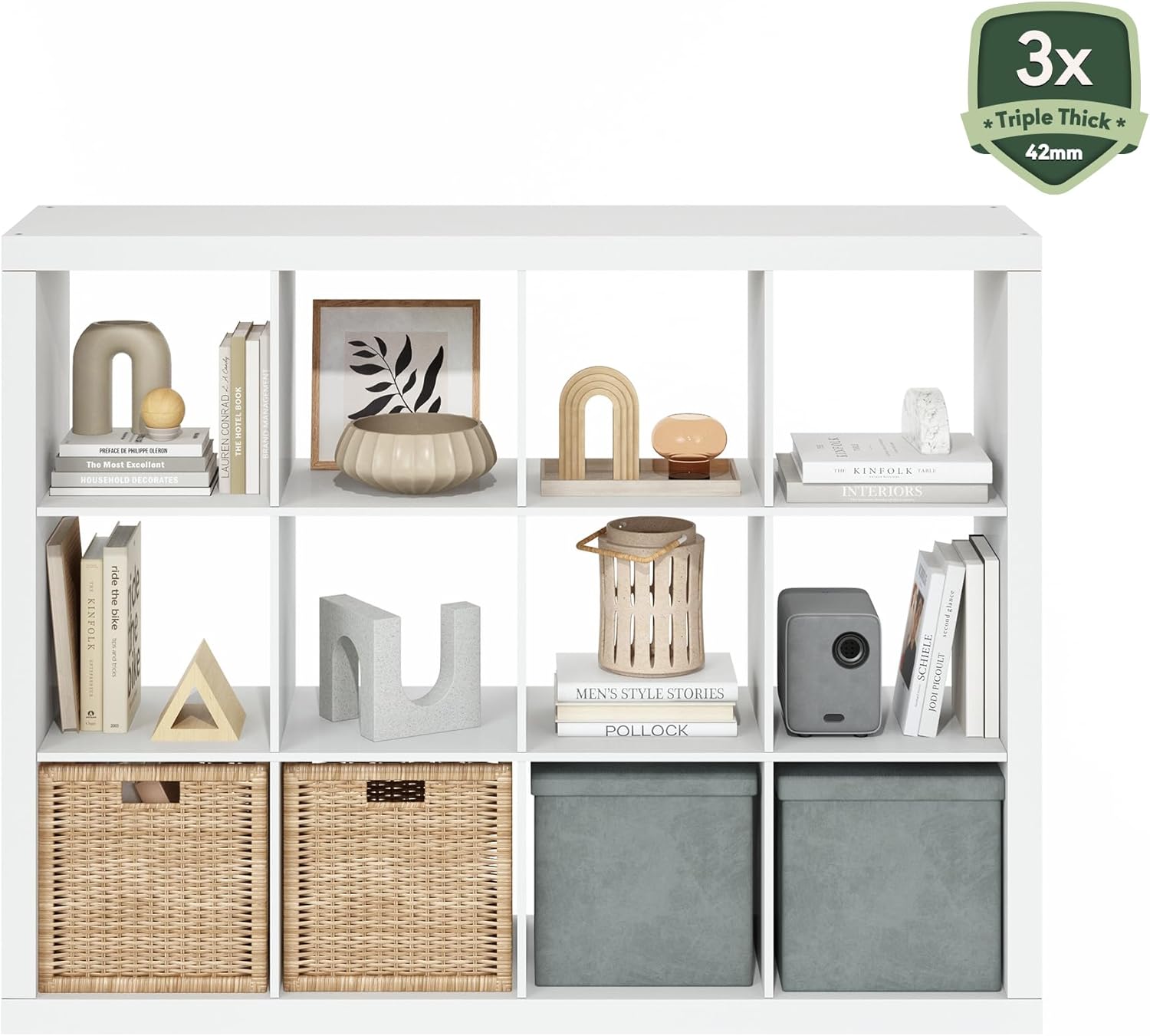 Furinno Cubicle Book Shelf, 12-Cube Bookshelf, Triple Thick Frame Cube Storage Organizer, 1.65" Thick Bookcase, 15.4" x 57.4" x 43.4", for Home Office, Living Room, Plain White