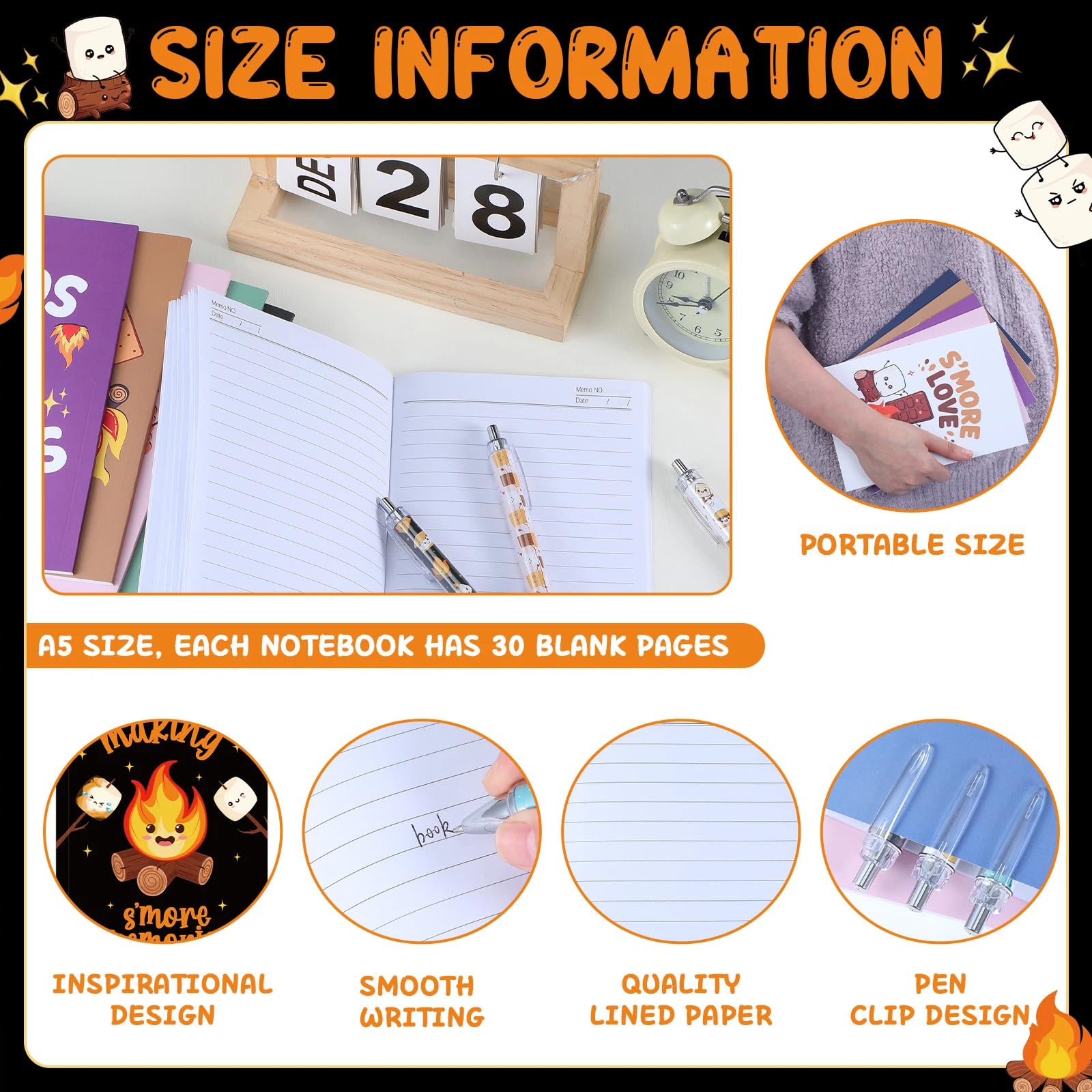 Resurhang S'more Marshmallow-Geschenk-Set, 9 Marshmallow-Notizbücher und 9 Kugelschreiber, lustiges Lagerfeuer-Thema, Schreibwaren, Mitarbeiter-Wertschätzung, Geschenke für Lehrer, Kollegen