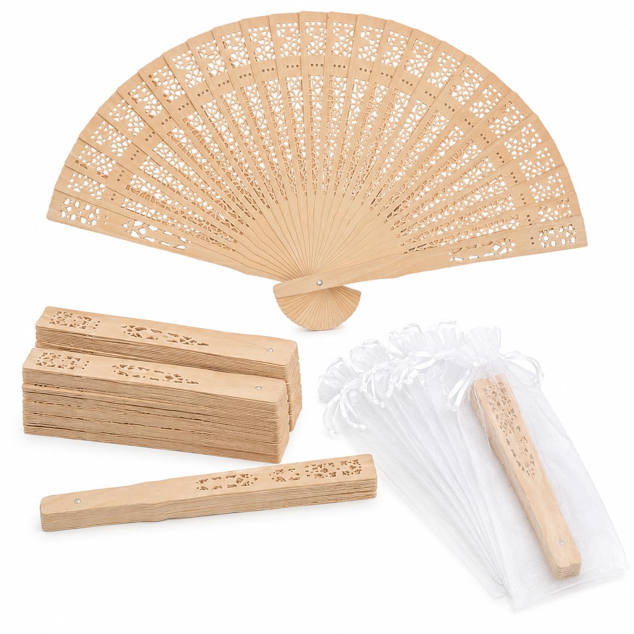 Personalisierte Handfächer 50 Stück, 20 cm Holzfächer aus Lotusholz mit Lasergravur, Damen-Handfächer für Hochzeiten, Partys und Festivals, faltbar, inkl. Organza-Taschen, klassisches Design