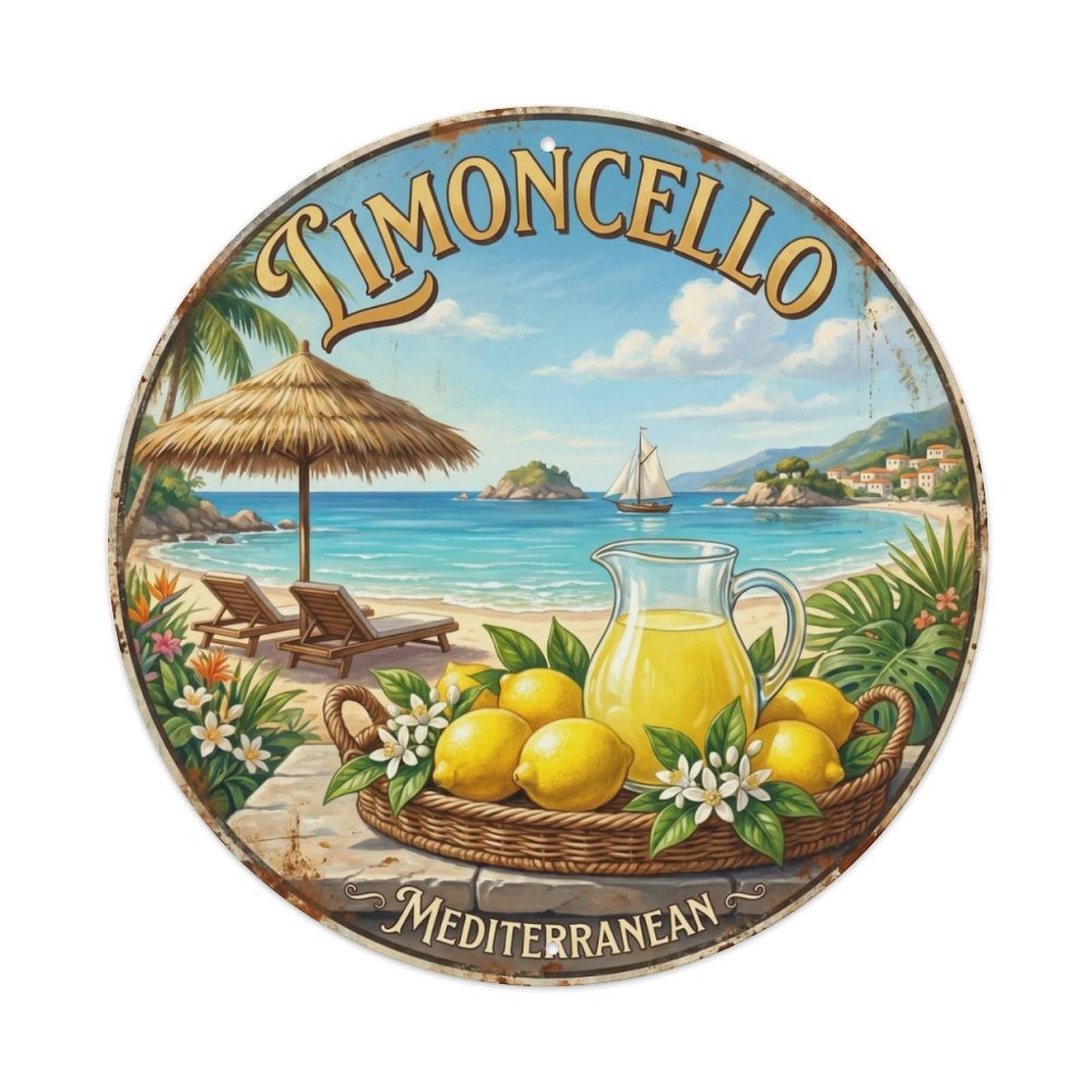 Fqcyn Style Coastal Limoncello Paradise Metal Tin Sign Plaque Wall Decor For Cafe, Club Bar, Office, Home Garden Round Metal Poster 8X8inch