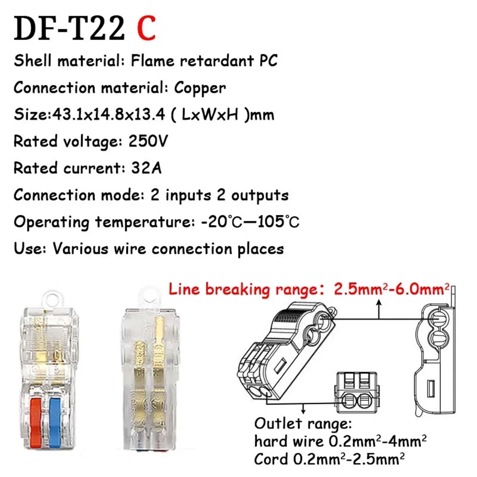 Szybkie złącza do kabli elektrycznych T, zestaw 1, 5, 10, 30, 50 lub 100 sztuk, z szybkim blokowaniem (T22C, 100 szt.)