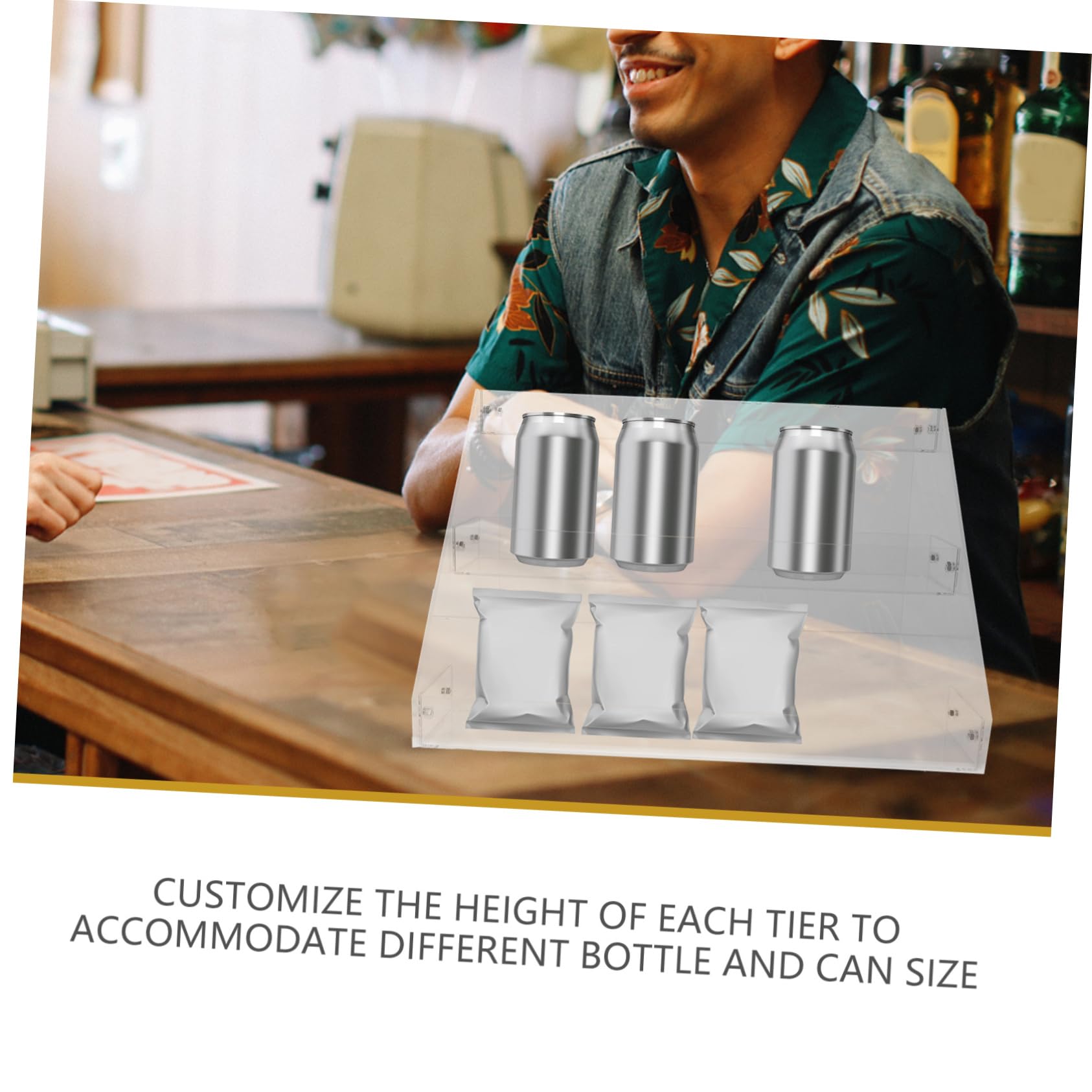 Estante acrílico para exhibición de bebidas, estante de almacenamiento de escritorio para bebidas y aperitivos, tienda minorista perfecta y elegante escaparate para productos de mercado