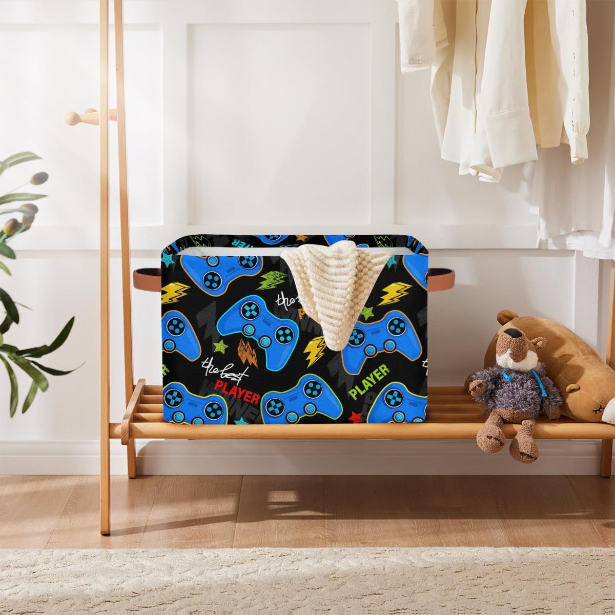 Nursery Decor Laundry Hamper Basket - Blue Video Game Collapsible Rectangle Shelf Closet Organizer Bins - Kids Dirty Clothes Basket for Bedroom,Bathroom,Toy Bin,Gift Basket