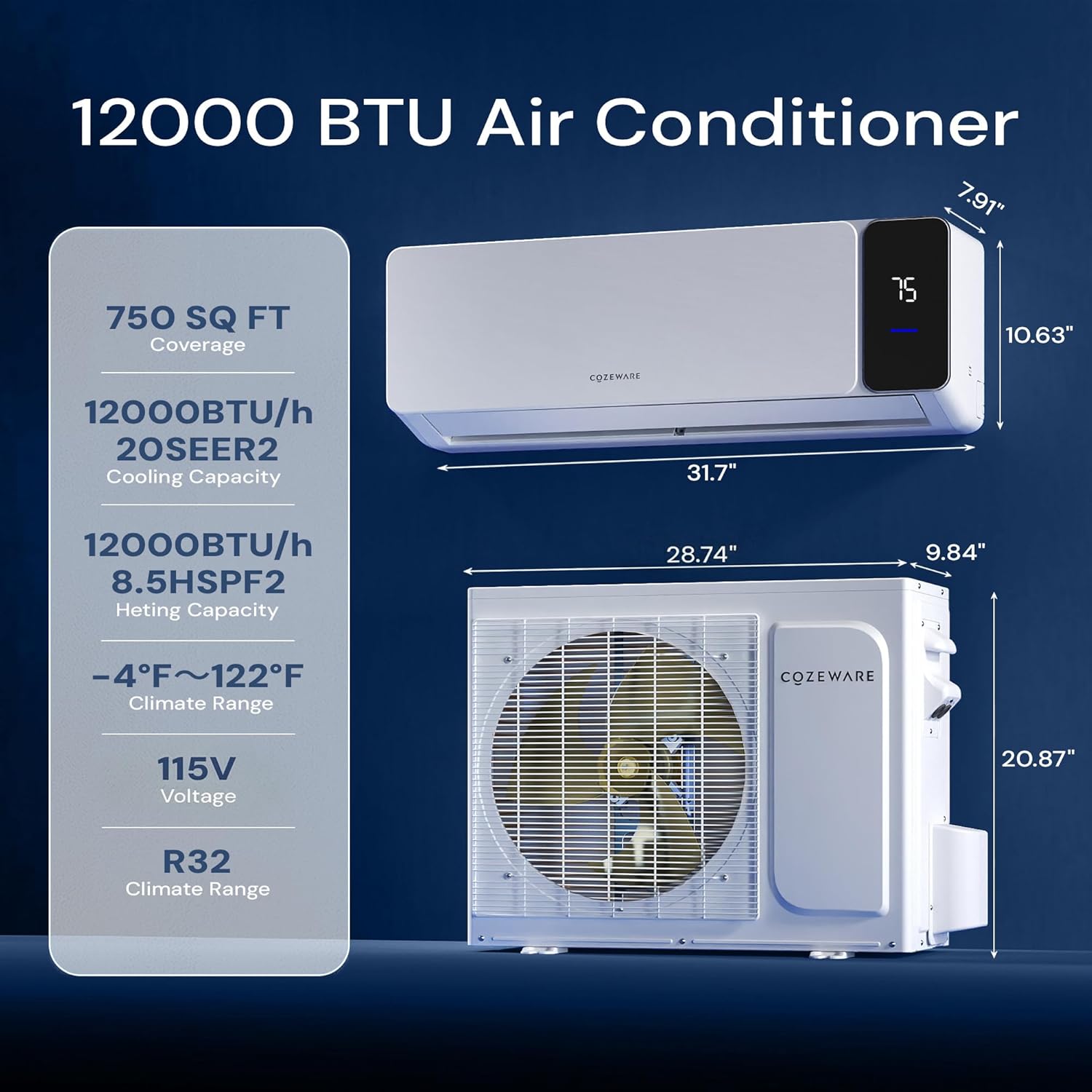 Diagram showing dimensions and specifications of the 12000 BTU Cozeware Mini Split